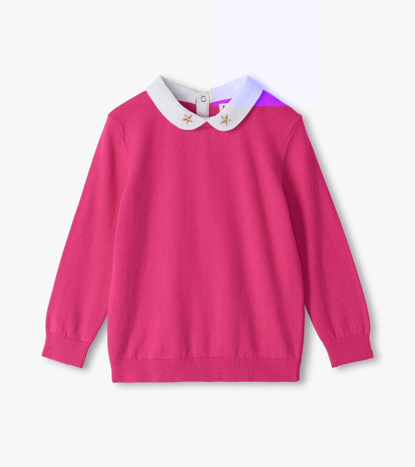 Pink long sleeve sweater with white Peter Pan collar and small gold stars on the collar