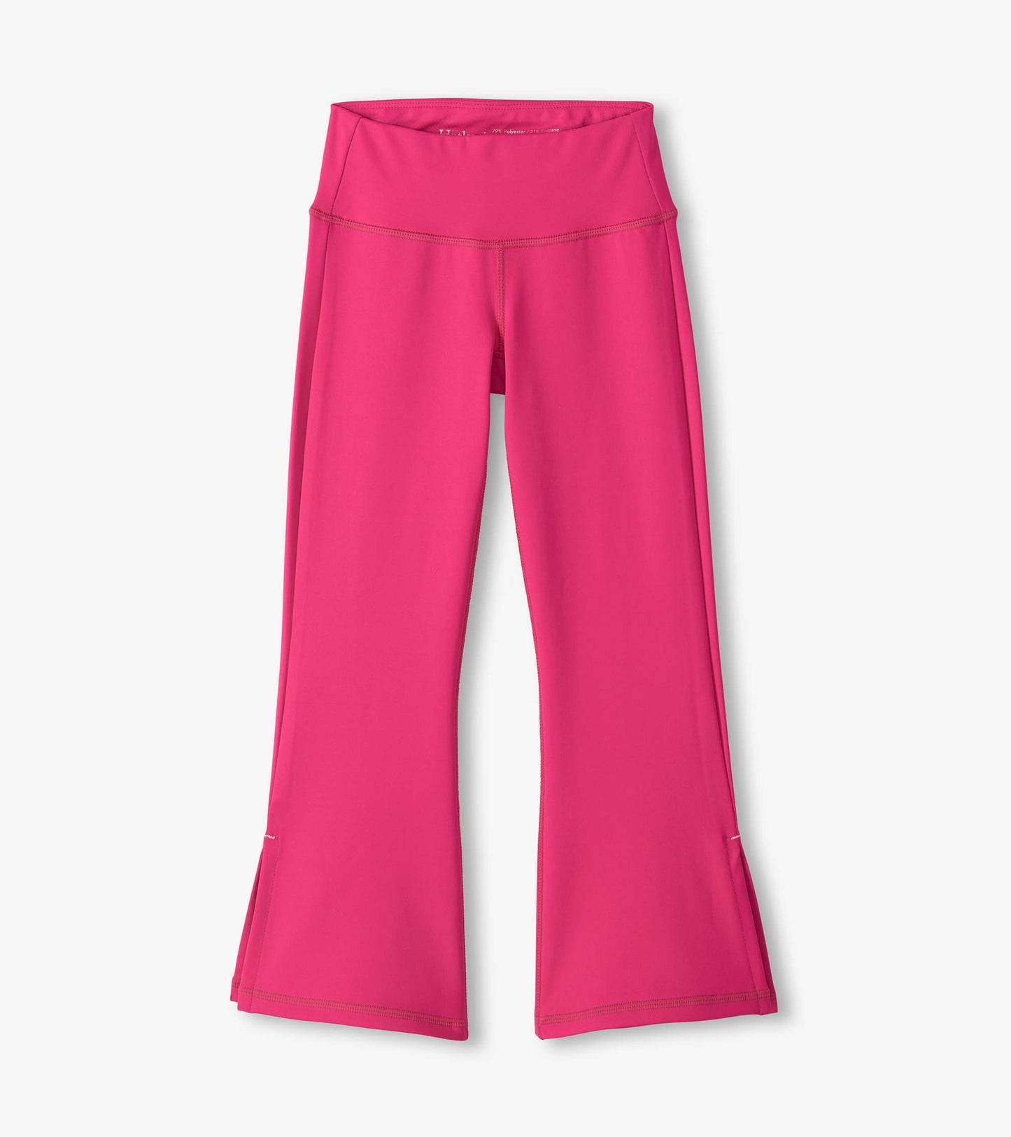 Bright pink active flared pants with a wide waistband and full-length legs