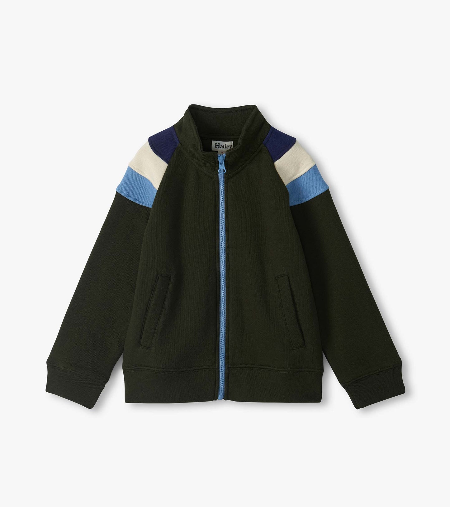 Rosin mock neck jacket in dark green with blue zip and blue, ivory, and navy colorblock shoulders
