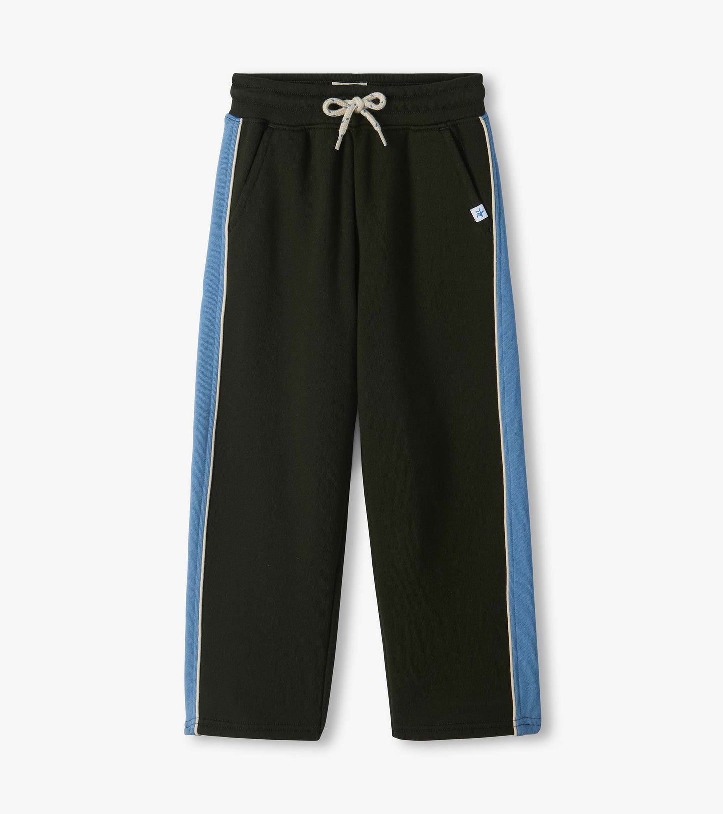 Black athletic pants with blue side panels, white piping, drawstring waist, and front pockets