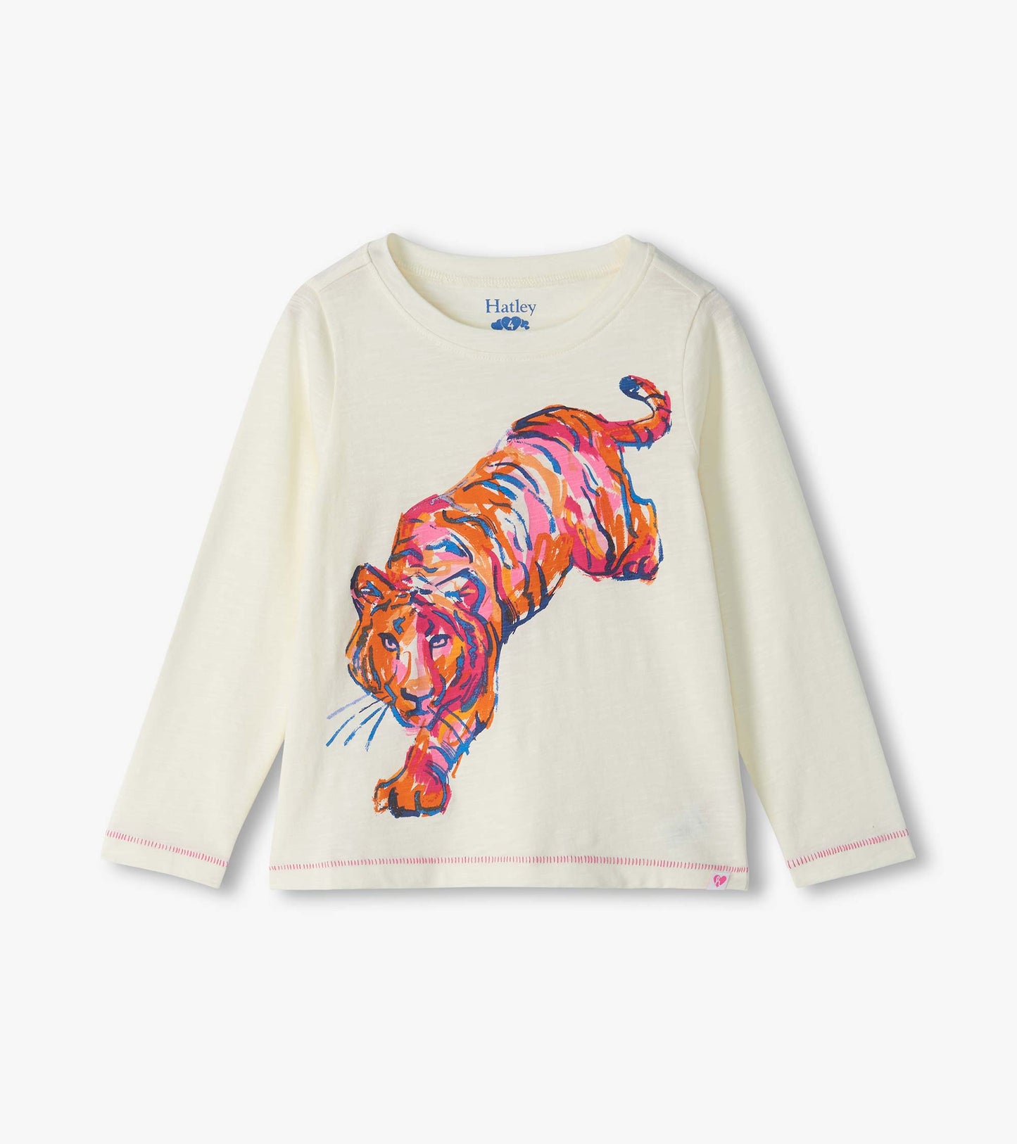 Cream long sleeve tee with a large colorful tiger graphic on the front and pink stitching at the hem