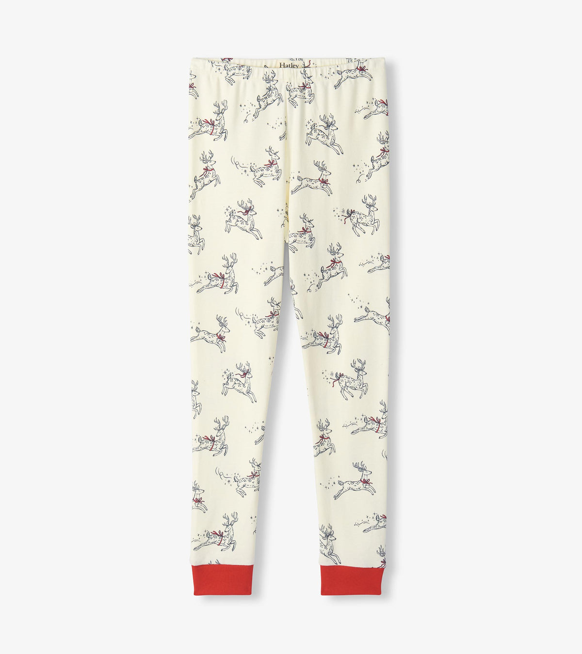 Cream pajama pants with leaping reindeer print and red ankle cuffs
