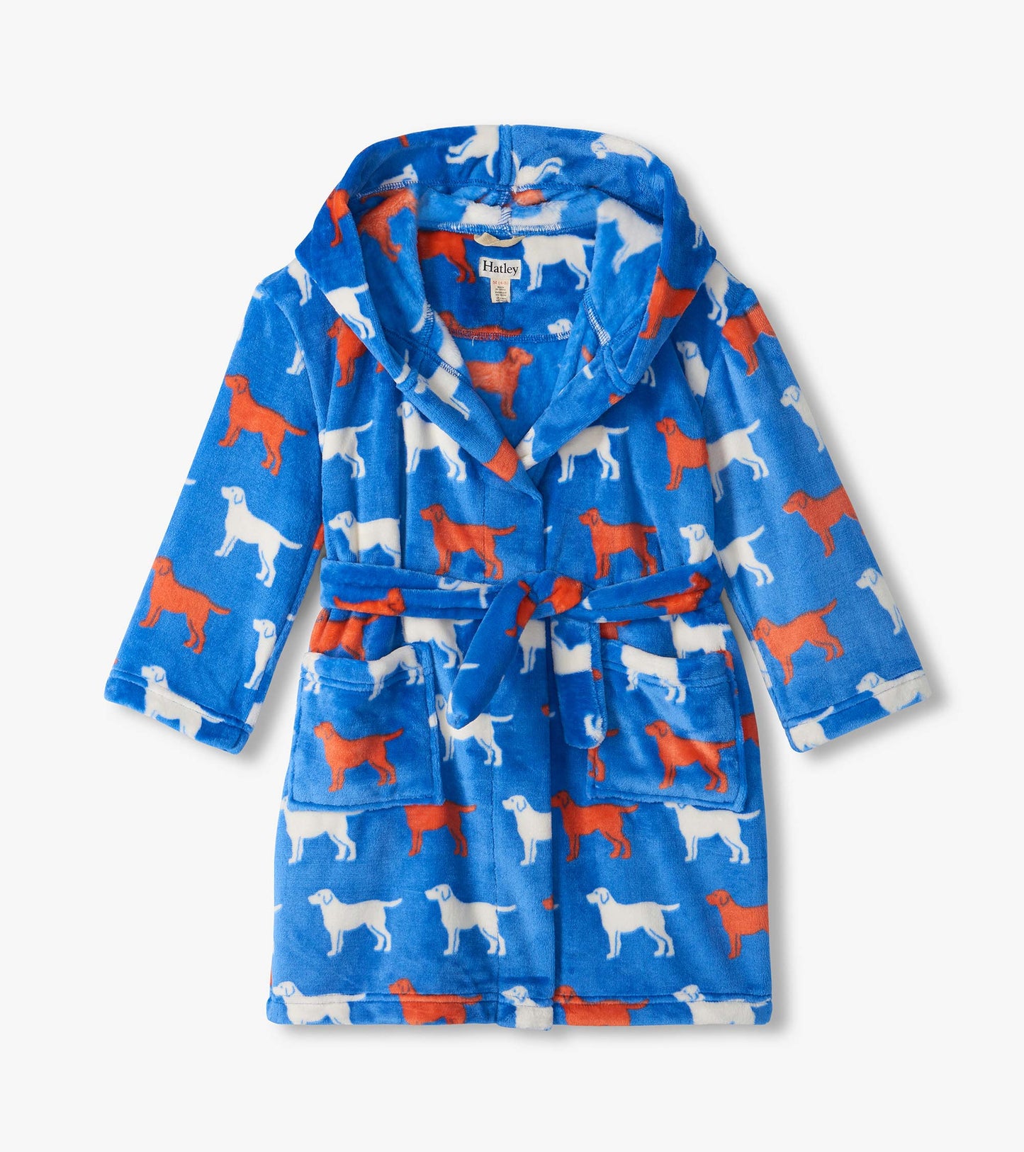 Blue kids robe with white and orange dog silhouettes, shawl collar, tie belt, and front patch pockets