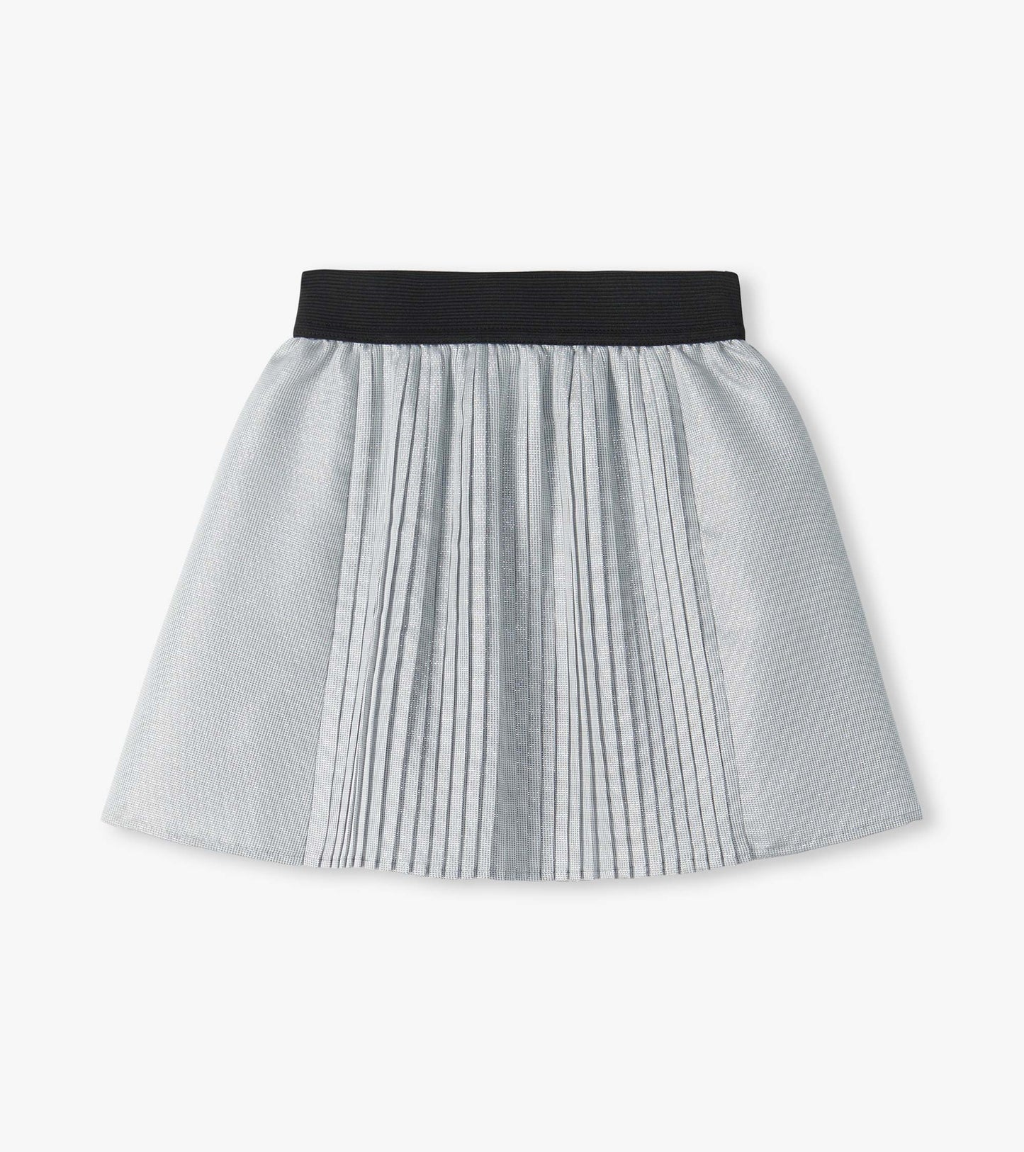 Silver pleated skirt with a black elastic waistband and subtle glittery texture