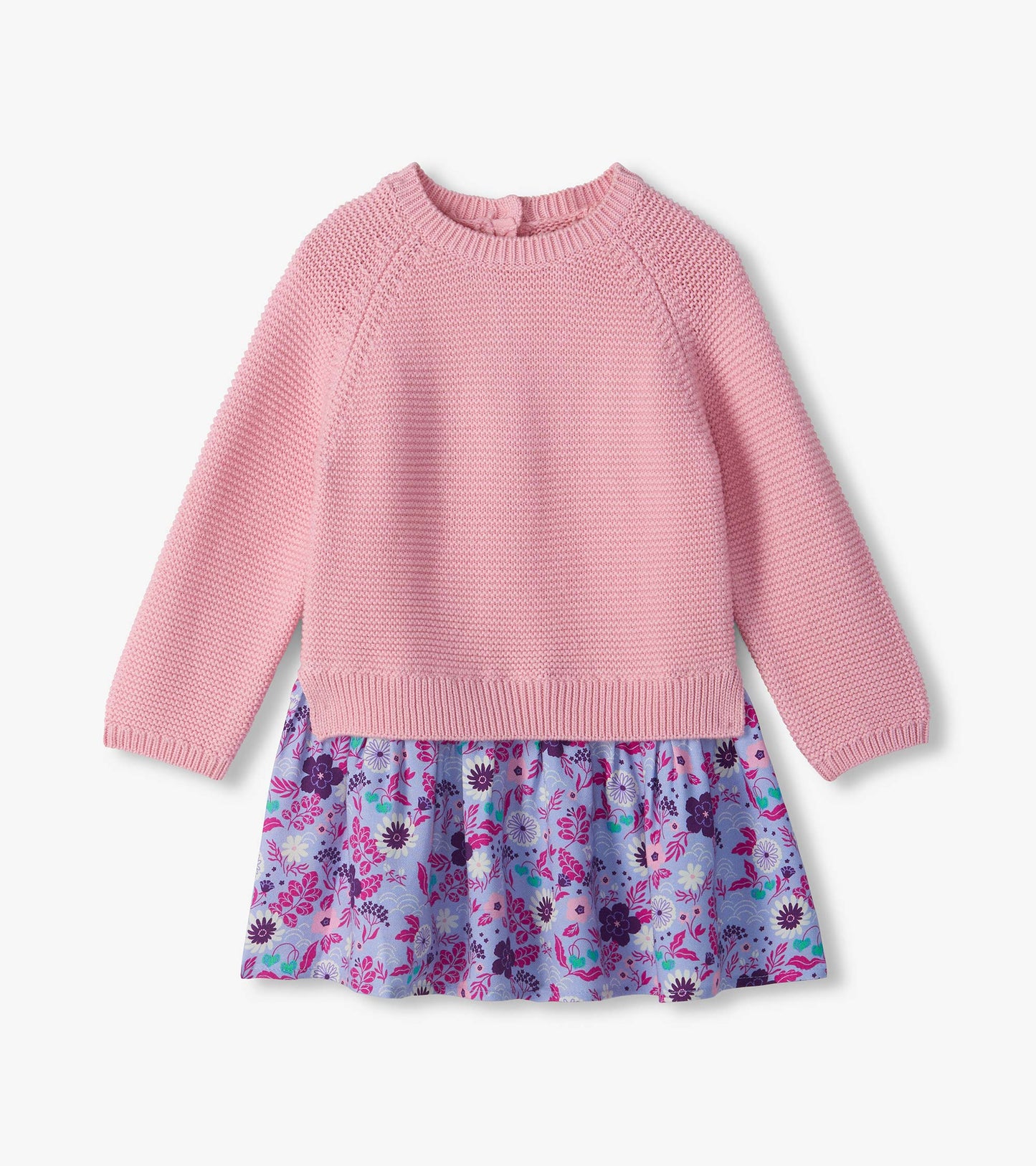 Infant sweater dress with a pink long-sleeve knit top and lavender skirt with pink and purple floral print