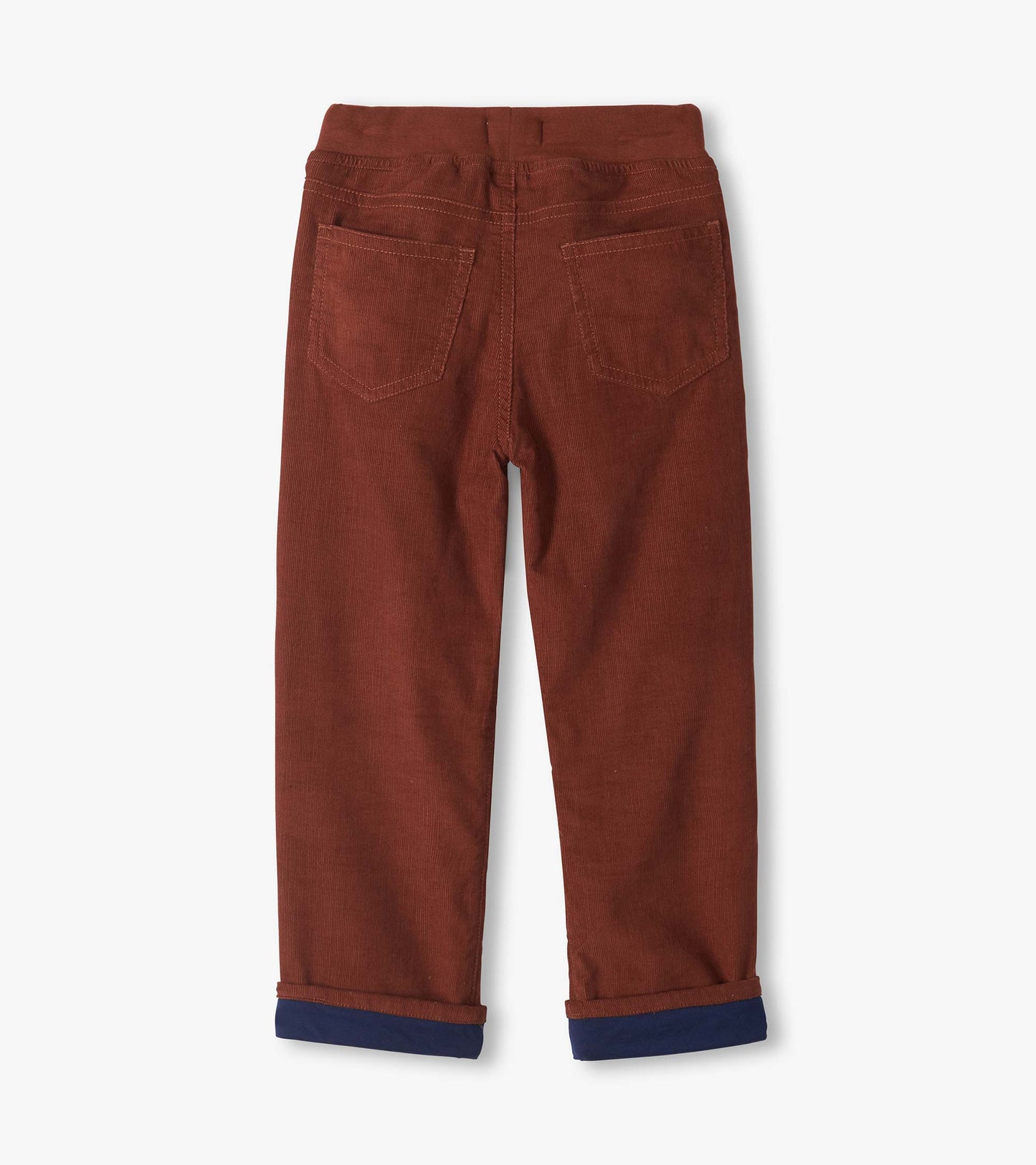 Back view of tortoise brown pull-on pants with two back patch pockets and rolled cuffs