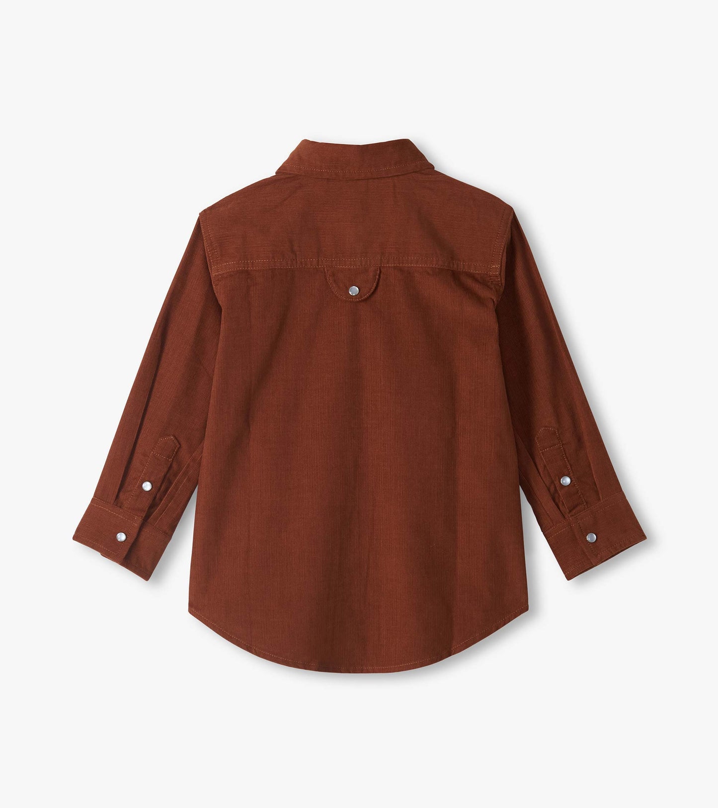 Back view of boys tortoise brown long sleeve button-down shirt with back yoke and curved hem