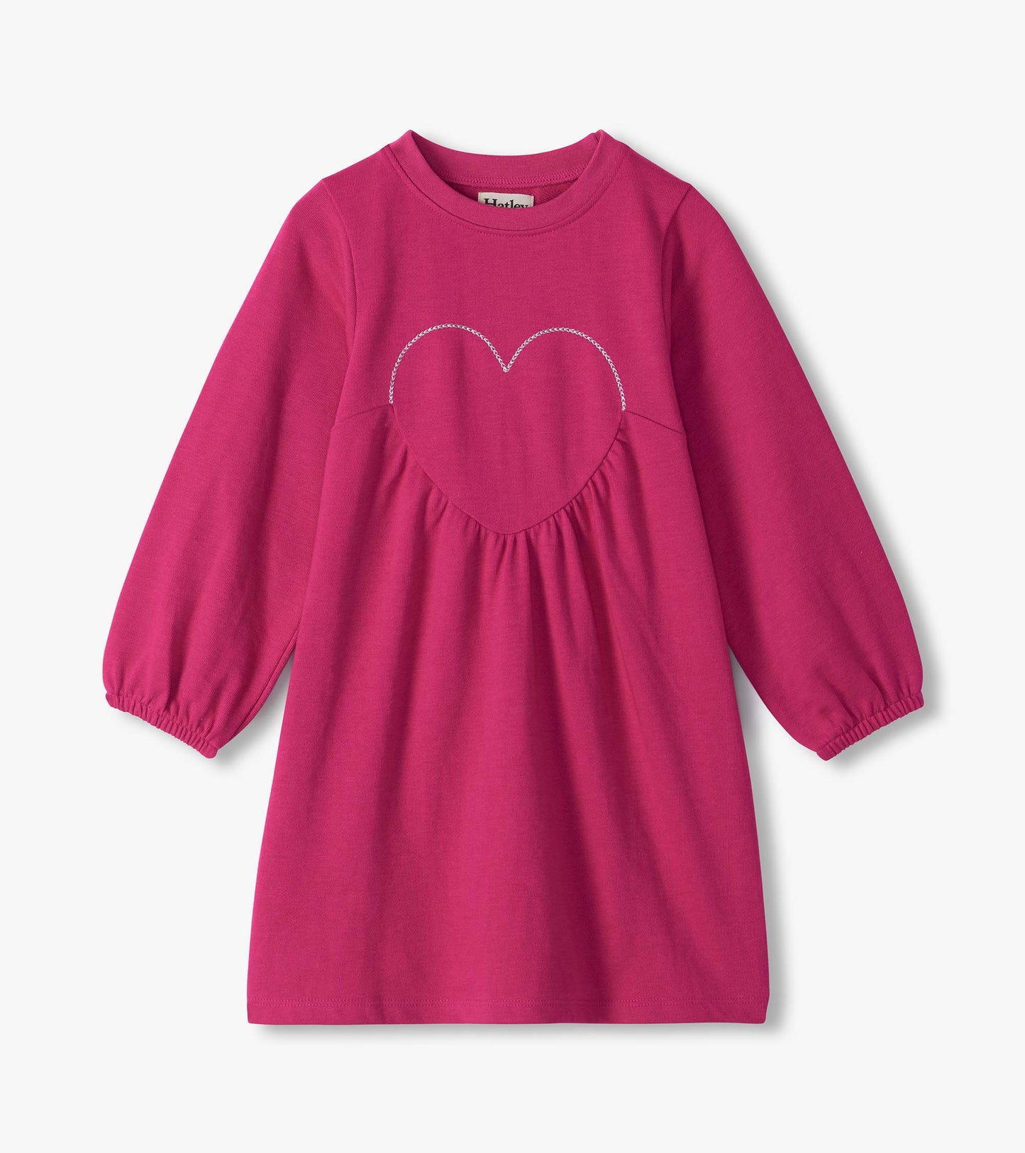 Berry pink girls dress with long sleeves, gathered skirt, and heart applique detail on the chest
