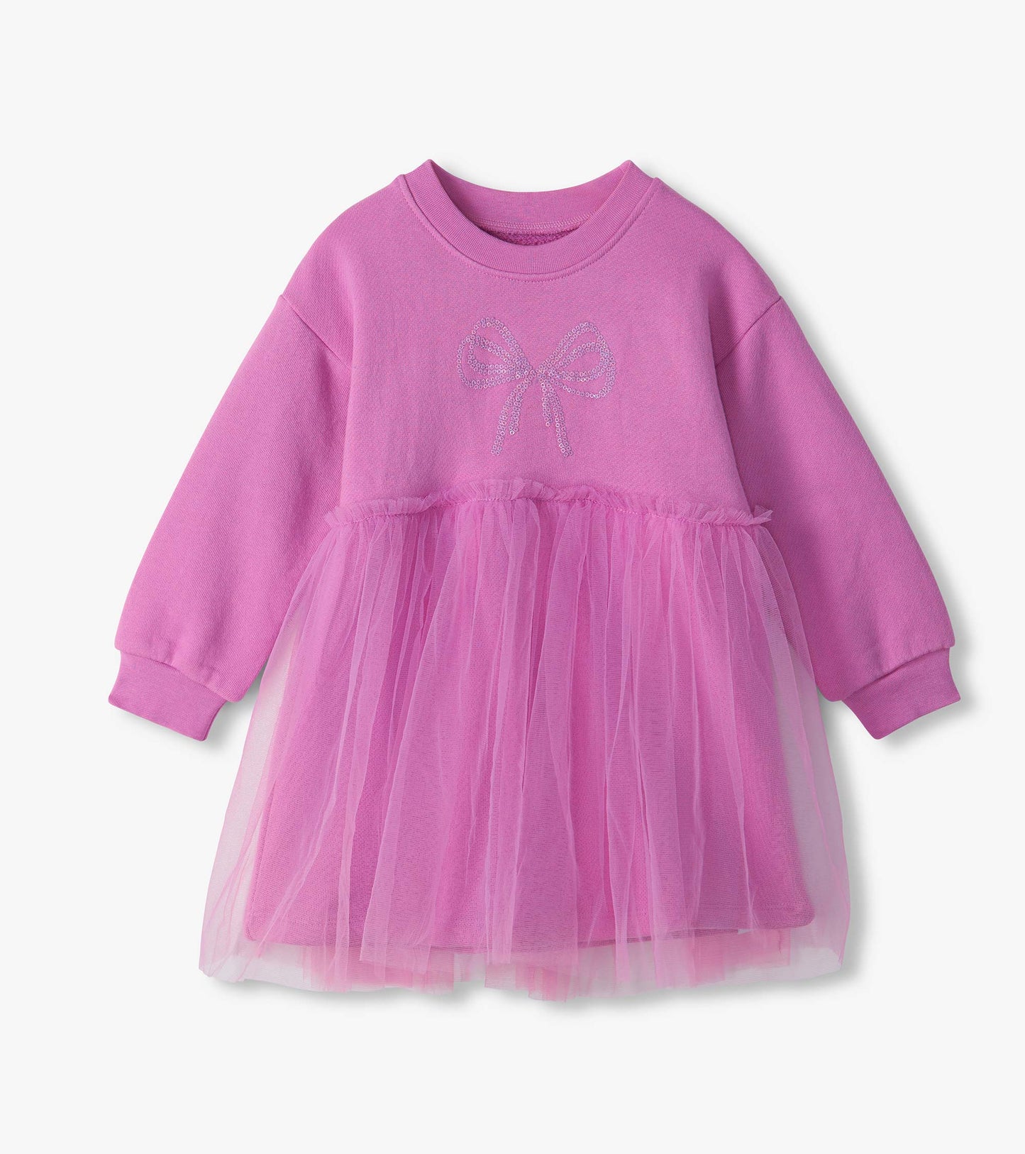 Violet long-sleeve dress with a tulle skirt overlay and bow detail on the chest