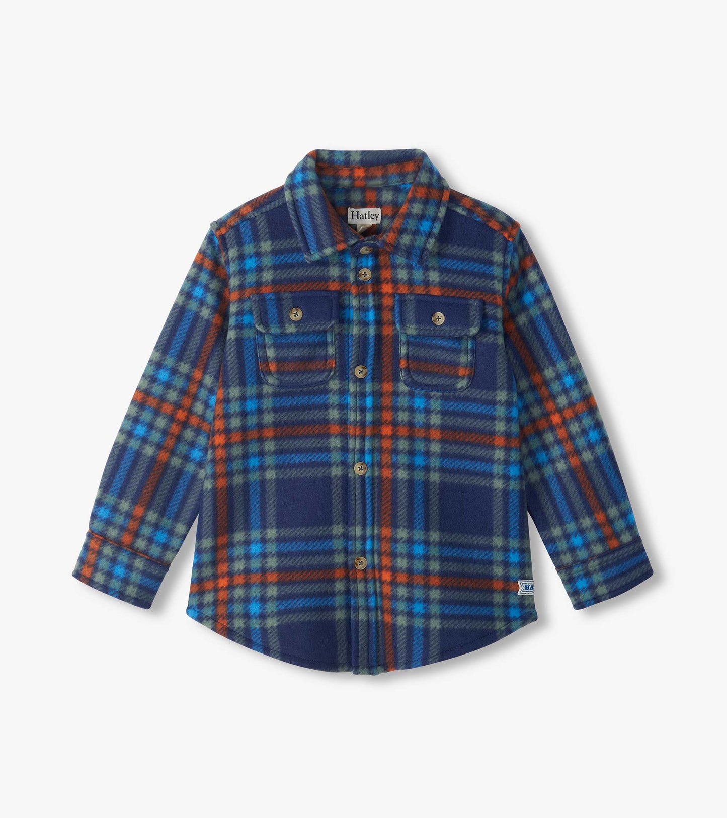 Kids plaid buttondown shirt in navy, blue, green and orange with long sleeves and two chest pockets