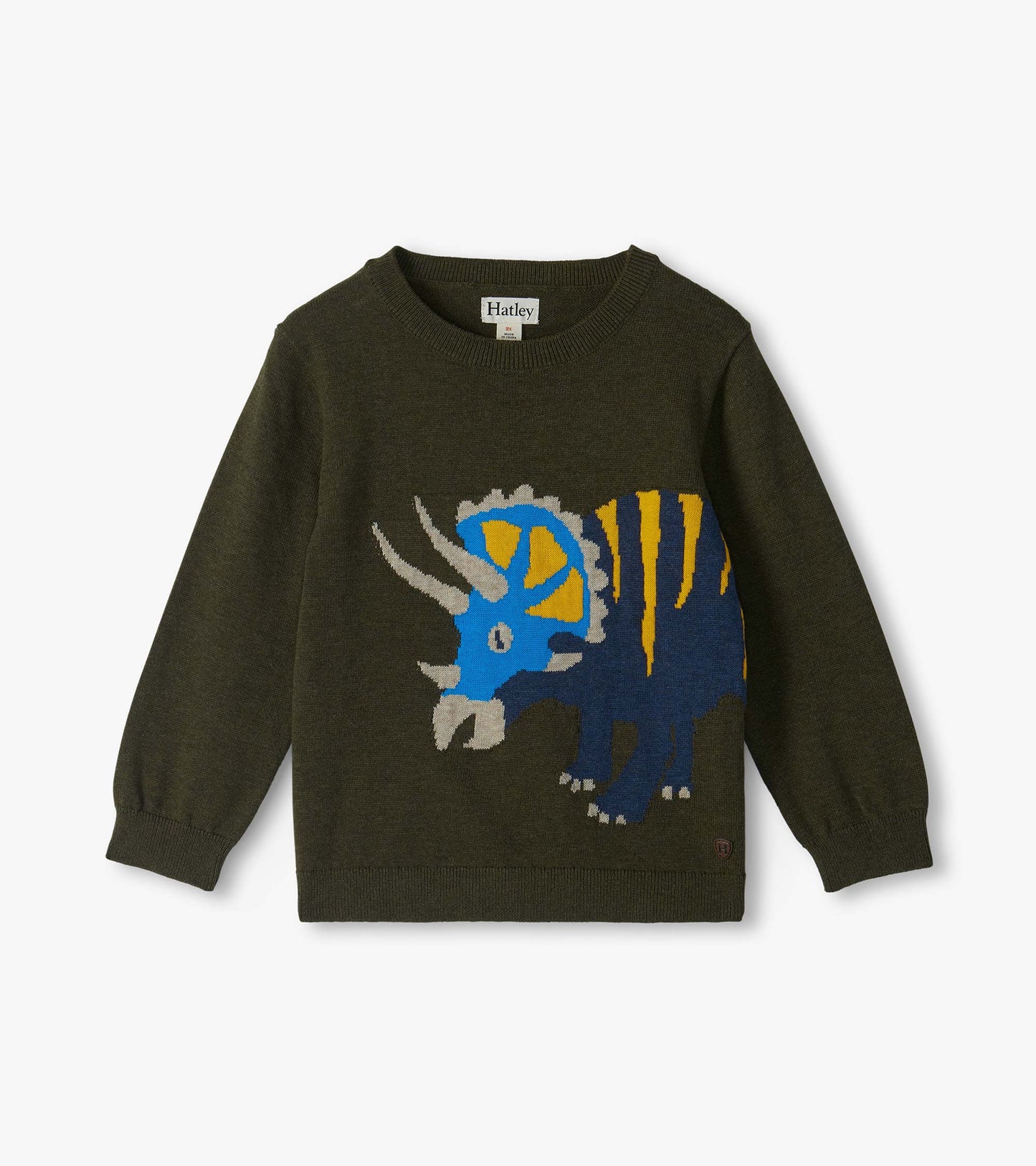 Dark green crew neck sweater with a large blue and yellow triceratops graphic on the front