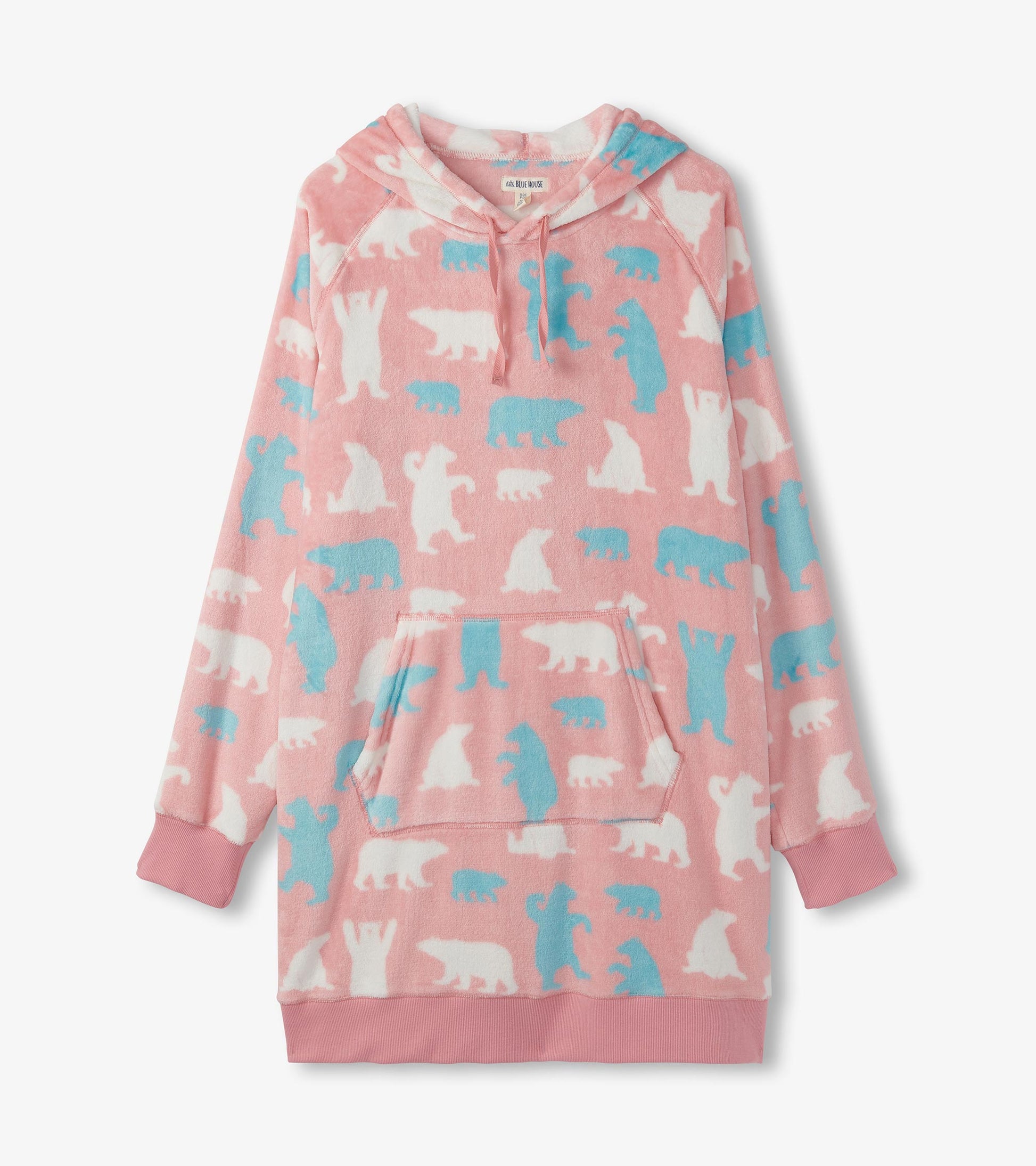 Oversized pink fleece hoodie featuring white and blue polar bear patterns and a front pocket.