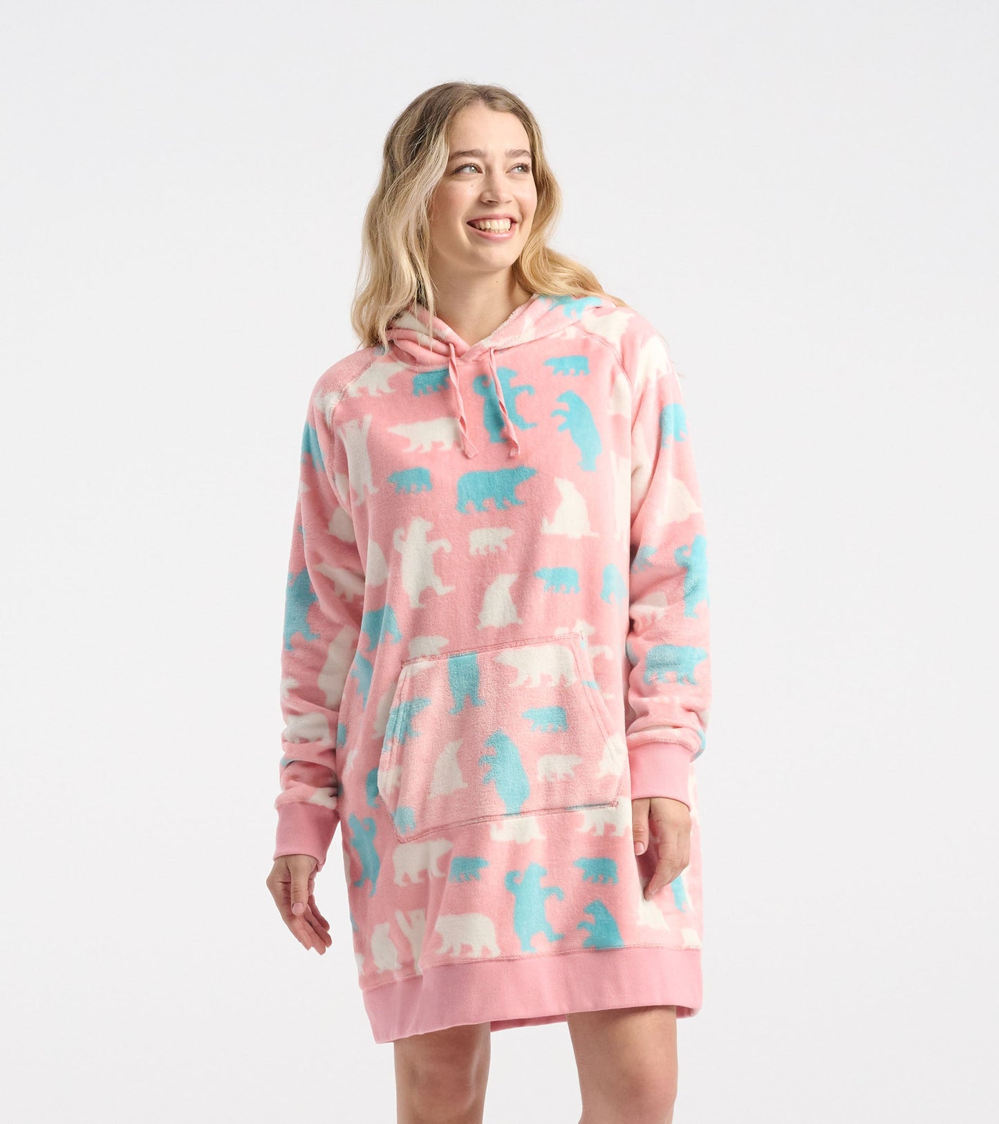 Oversized pink fleece hoodie featuring polar bear and animal patterns, with a front pocket and drawstring hood.