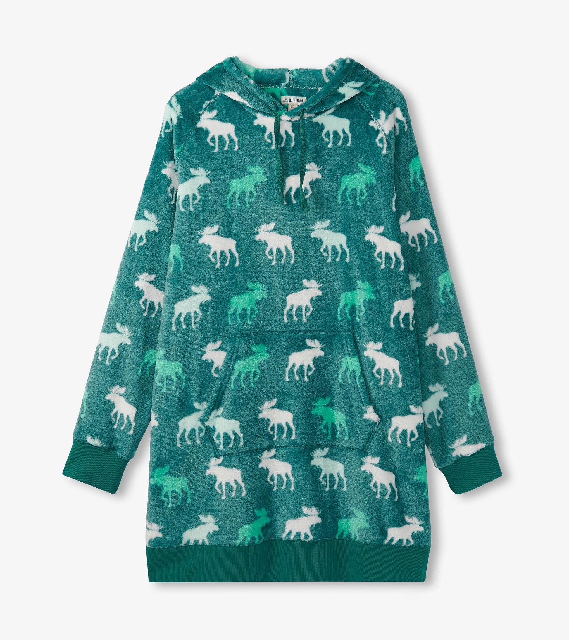 Oversized fleece hoodie in mint green with white moose silhouettes and a front pocket.