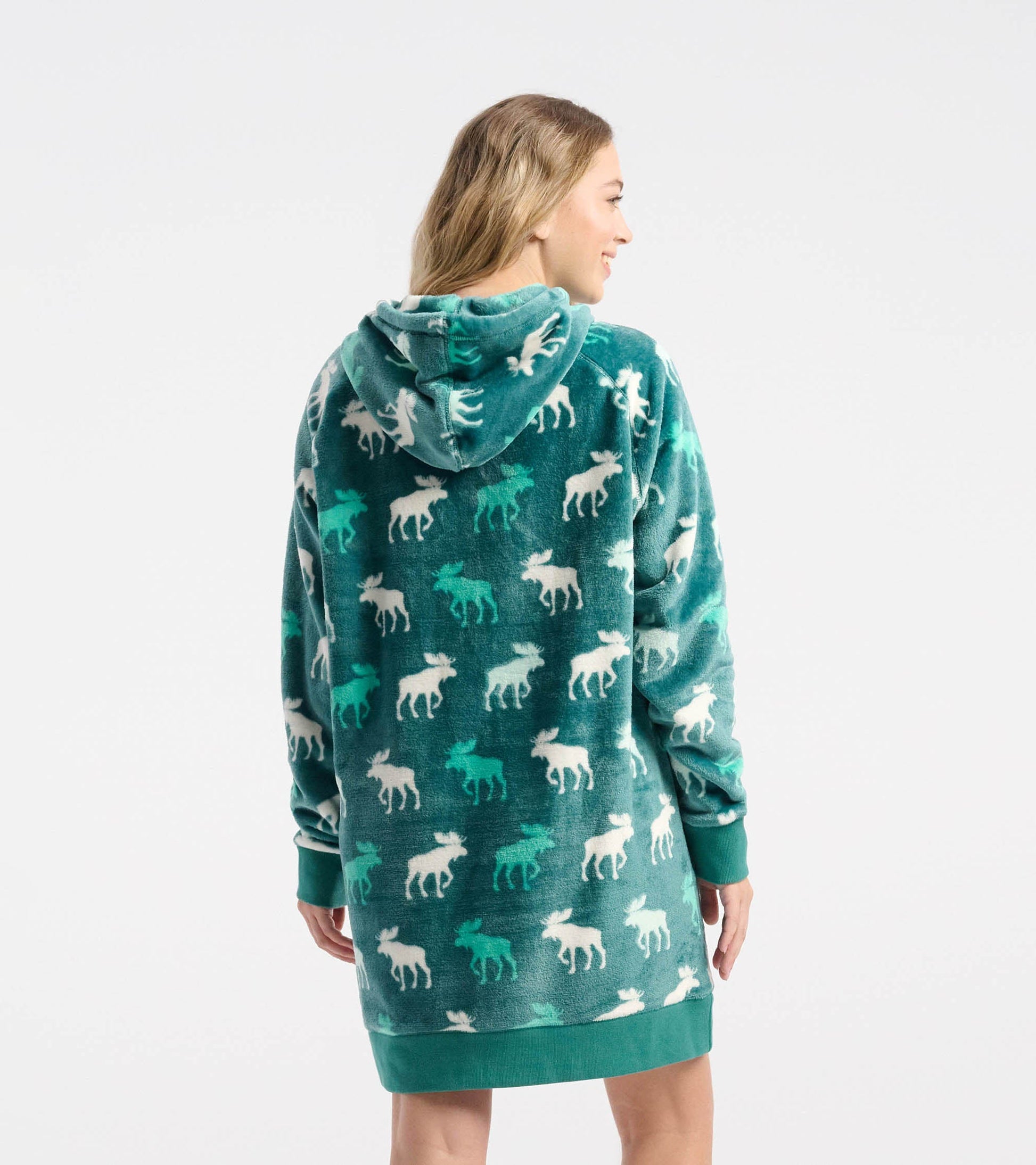 Oversized mint green fleece hoodie featuring a moose silhouette pattern and a cozy hood, shown from the back.