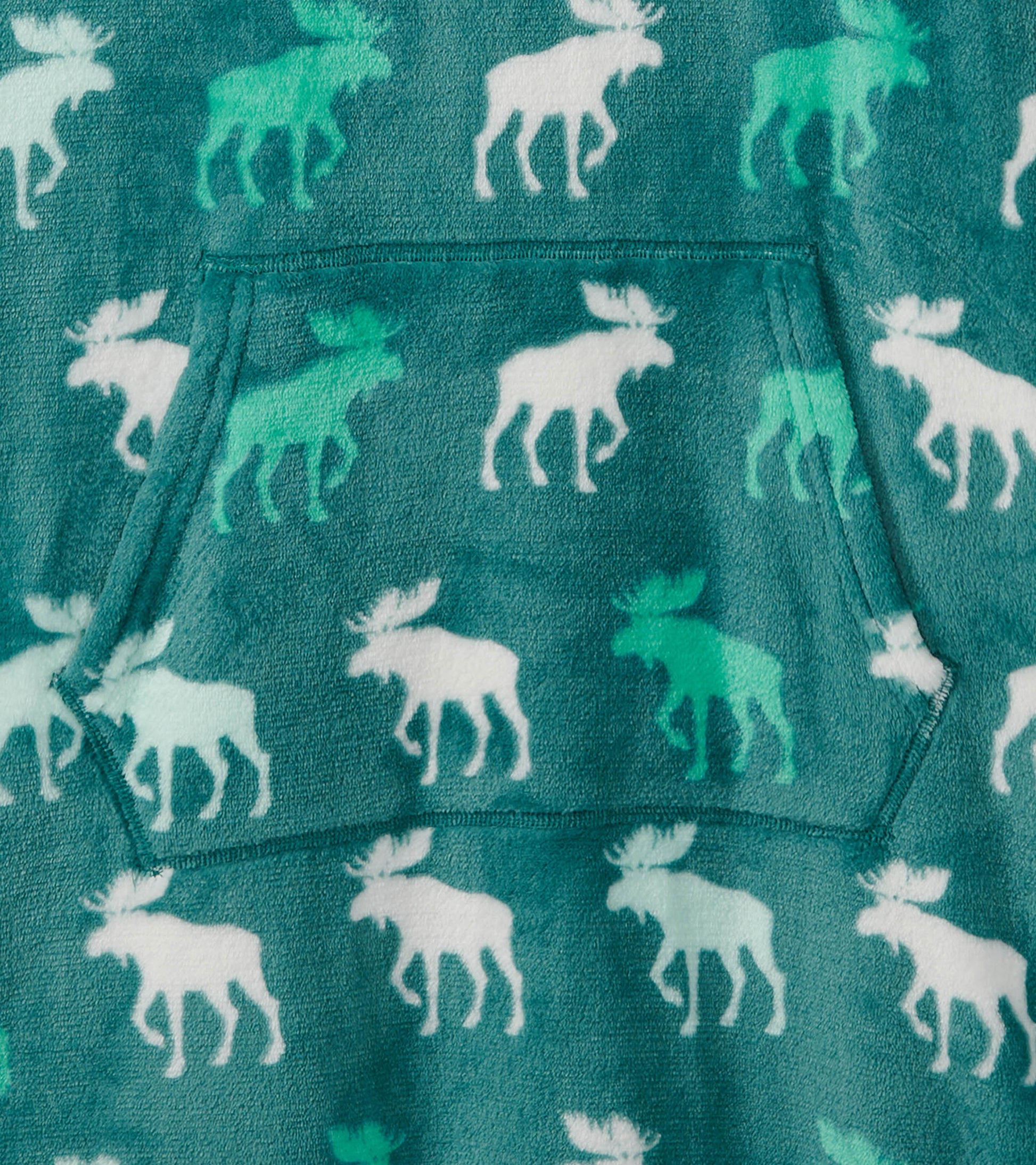 Oversized fleece hoodie in teal with moose silhouette pattern and front pocket. Soft, cozy material ideal for casual wear.