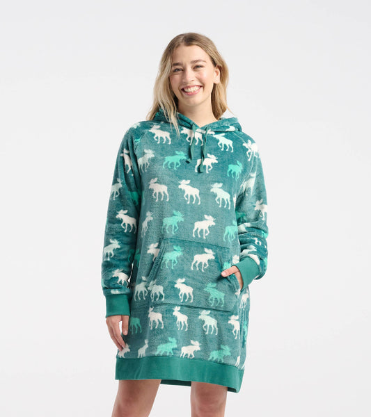 Mint green oversized fleece hoodie featuring a moose silhouette pattern and a front pocket.