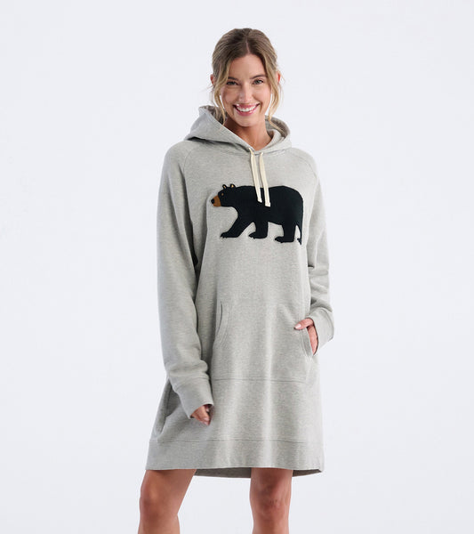Light gray oversized hoodie featuring a black bear graphic, with a front pocket and drawstring hood.