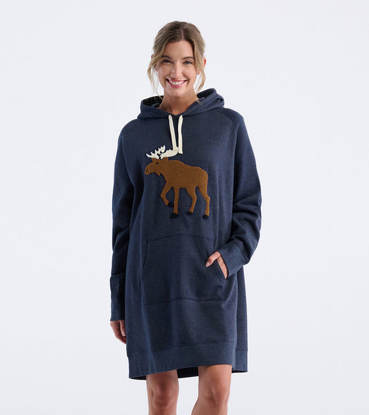 Navy oversized hoodie featuring a moose graphic, front pocket, and drawstring hood, suitable for casual wear.