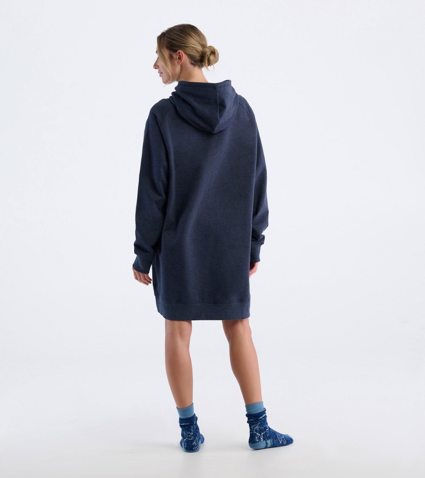 Navy oversized hoodie with a hood, featuring long sleeves and a relaxed fit, shown from the back.