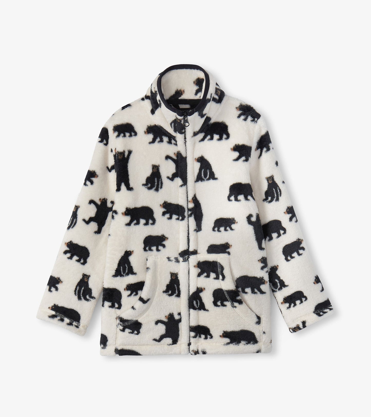 Fleece zip-up jacket featuring a cream background with black bear patterns and two front pockets.