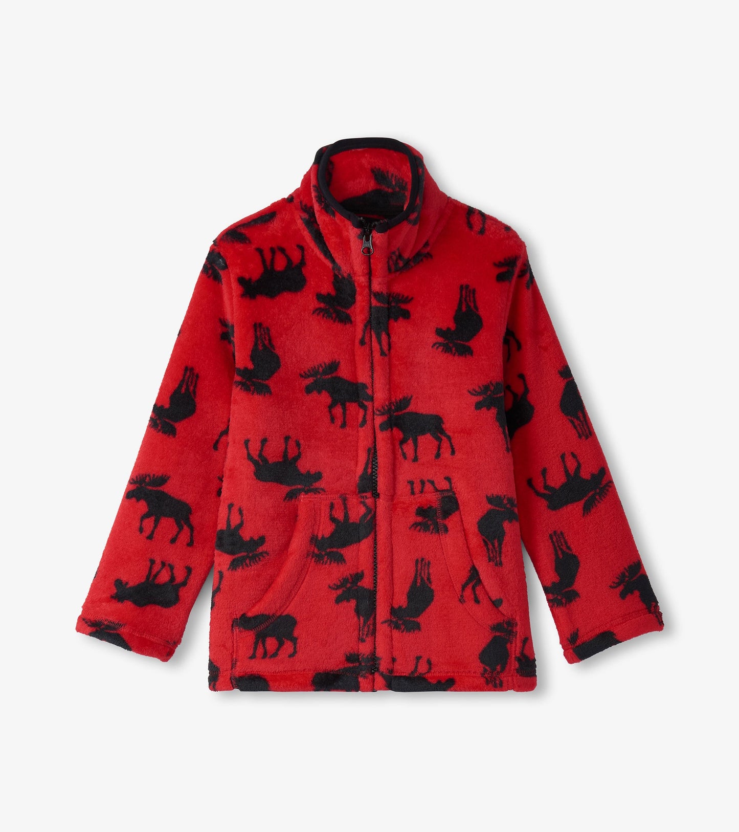 Red fleece zip-up jacket featuring a black moose pattern, with a high collar and two front pockets.