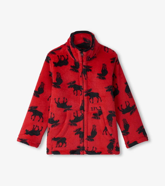 Red fleece zip-up jacket featuring a black moose pattern, with a high collar and two front pockets.