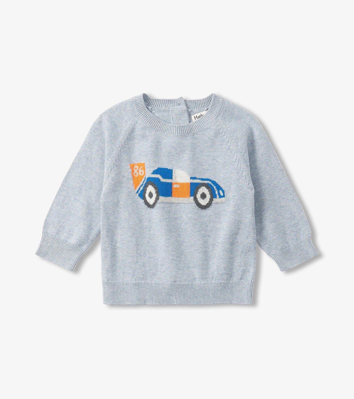 Light blue pullover sweater featuring a colorful racecar design, ideal for baby boys. Soft knit material with long sleeves.