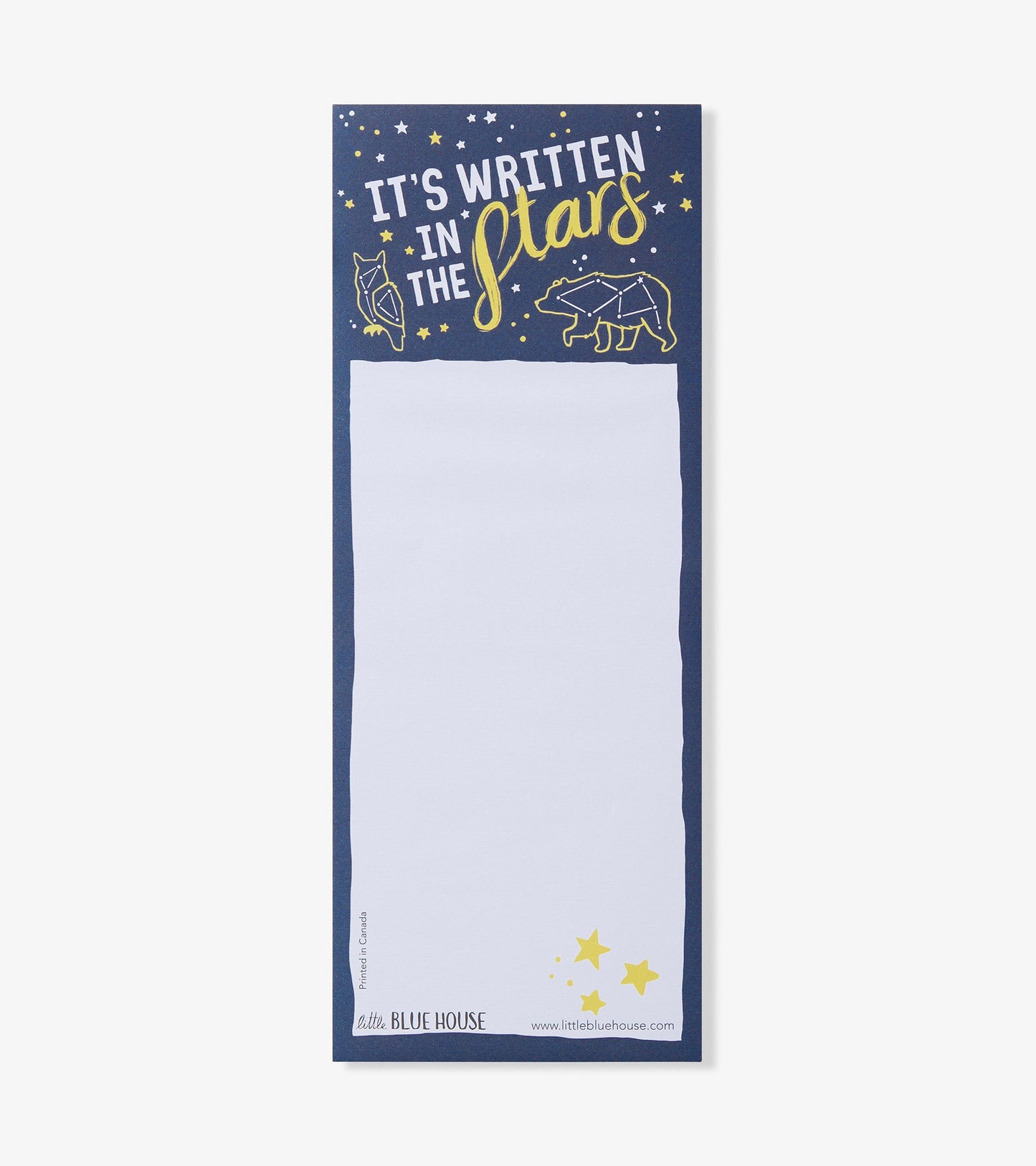 Navy magnetic notepad featuring starry design and animal illustrations, with a blank white writing area.