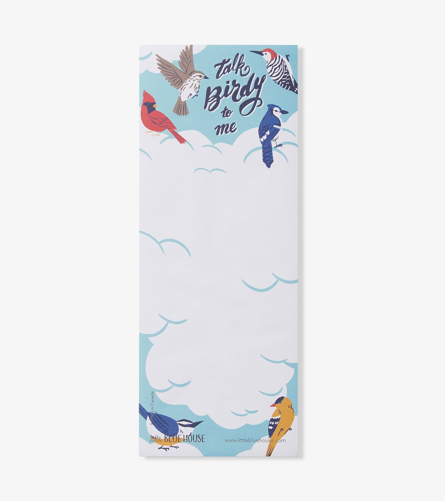 Magnetic notepad featuring colorful birds and a light blue cloud background, ideal for notes and reminders.