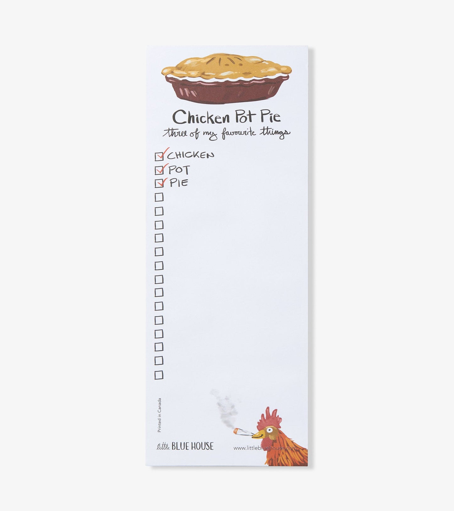 Magnetic notepad featuring a chicken pot pie illustration and checklist for chicken, pot, and pie.