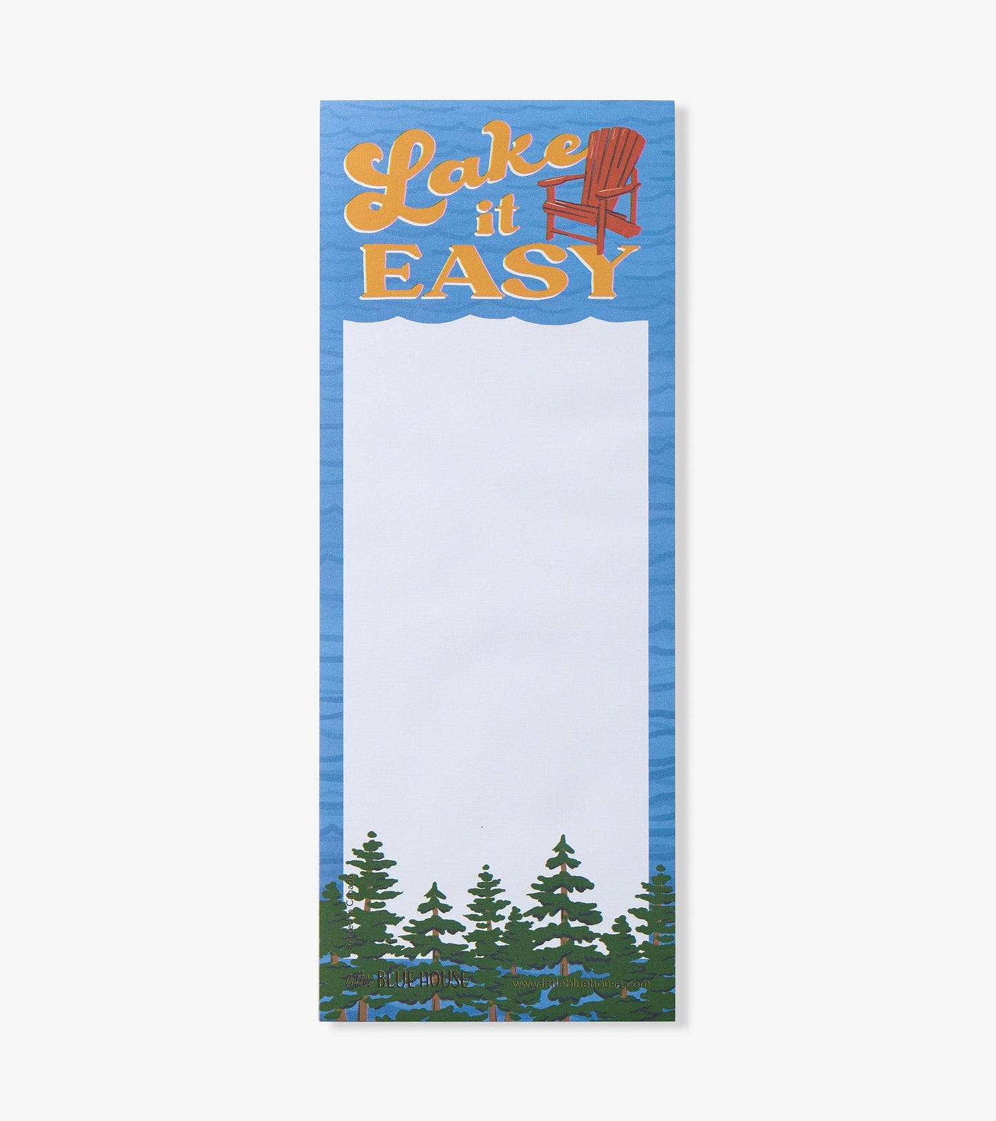 Magnetic notepad featuring a blue background, "Lake it Easy" text, and tree graphics at the bottom.