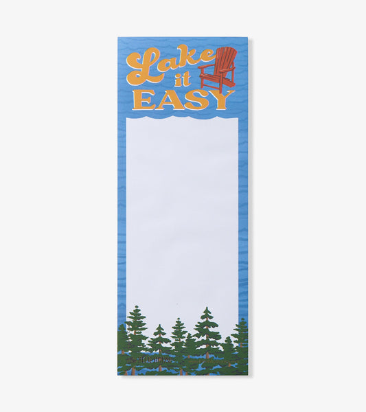 Magnetic notepad featuring a blue background, "Lake it Easy" text, and tree graphics at the bottom.