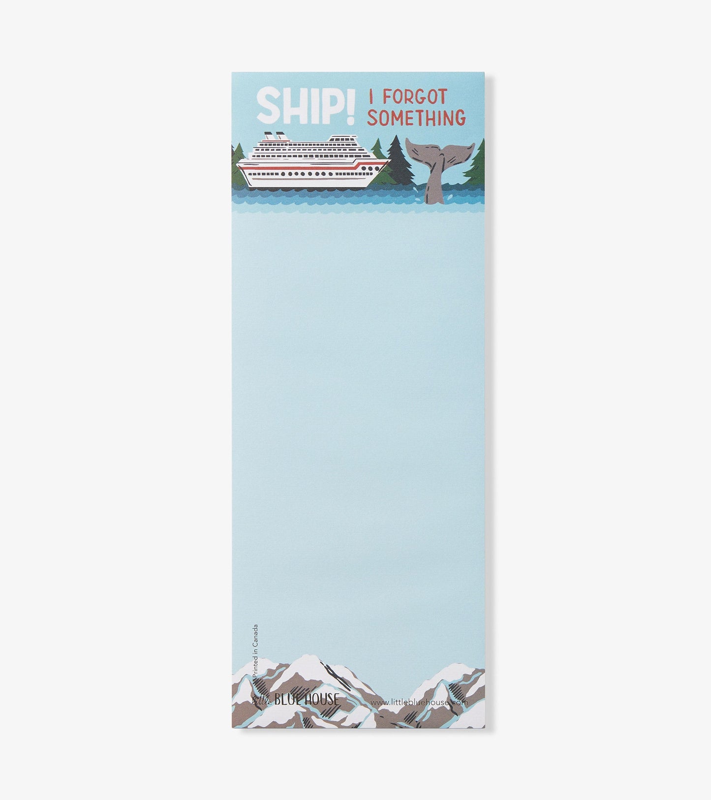 Light blue magnetic notepad featuring a ship, whale, and mountains, with "SHIP! I FORGOT SOMETHING" text at the top.
