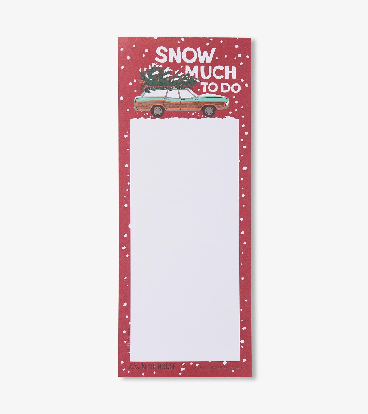 Red magnetic notepad featuring a snowy design and a car with a Christmas tree, with a blank writing area.