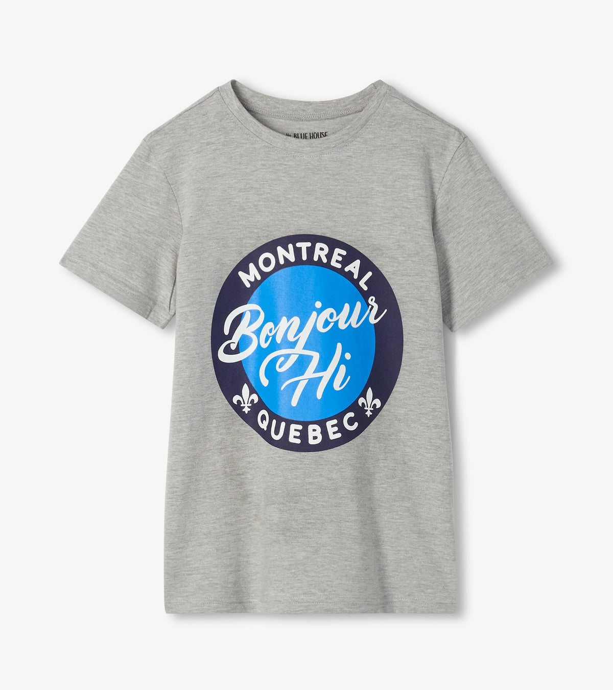 Heather gray men's T-shirt with a blue Bonjour Hi Montreal Quebec chest graphic