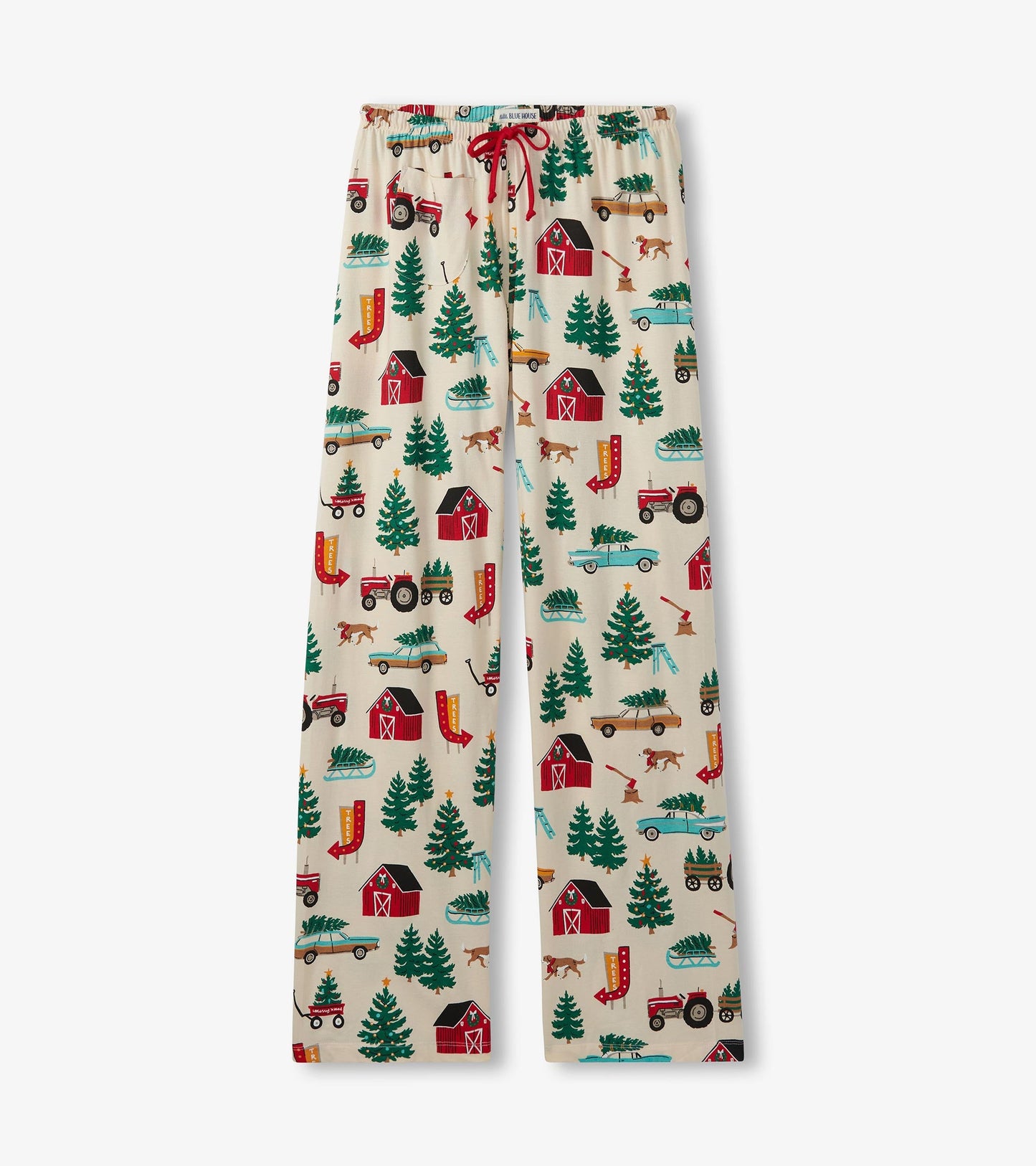 Cream cotton pajama pants featuring a festive Christmas tree farm print with barns, trees, and vehicles.
