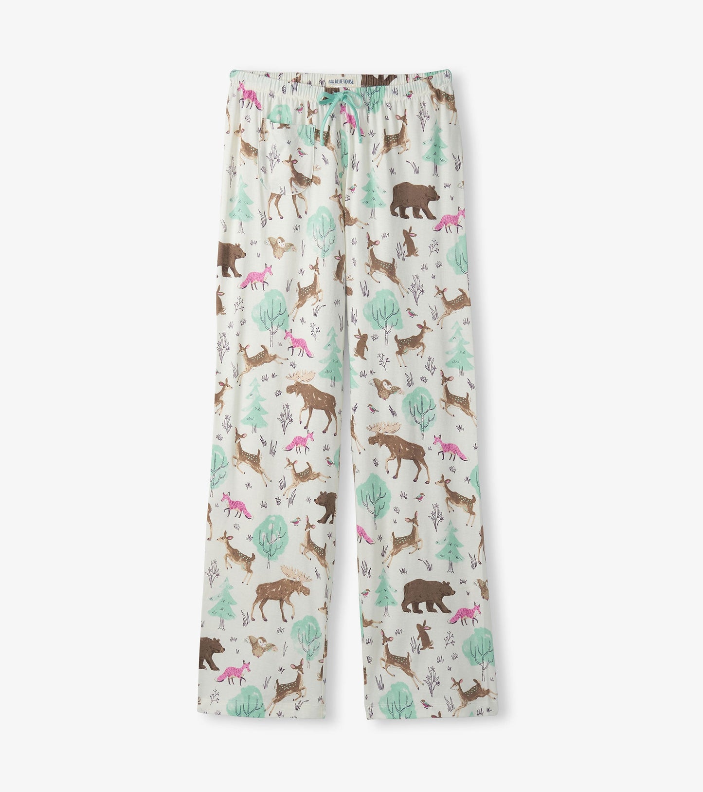 Light cotton pajama pants featuring a playful forest animal print in soft colors, with an elastic waistband and drawstring.
