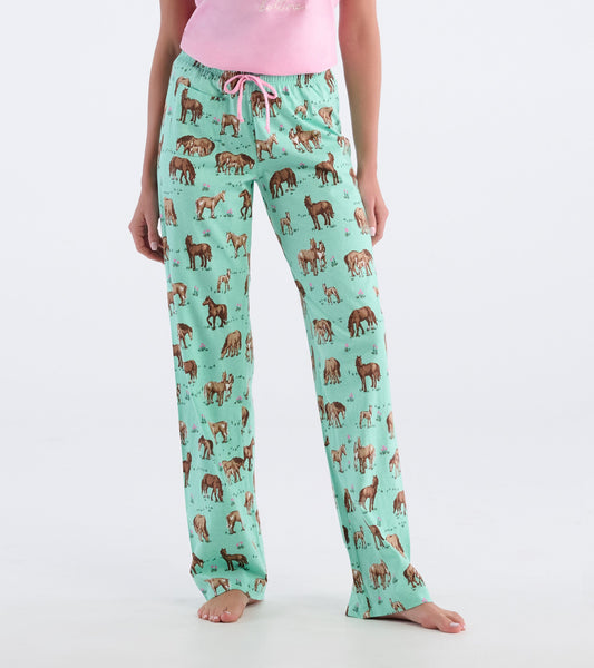 Mint green cotton pajama pants featuring a playful horse print and an elastic waistband with a drawstring.