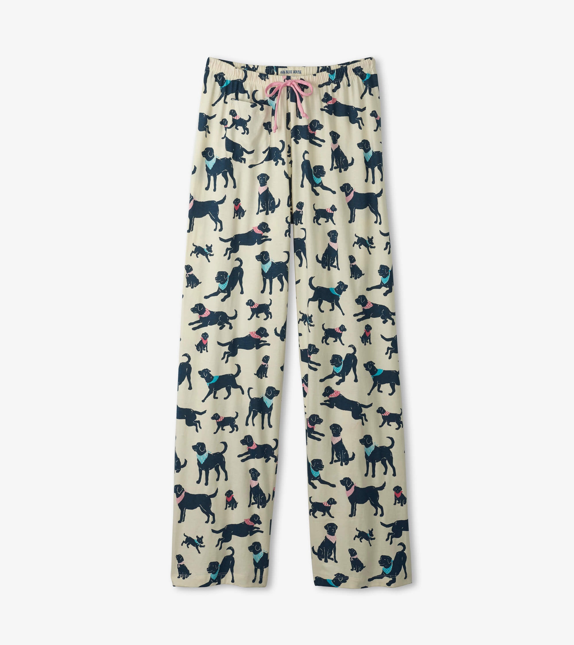 Light cream cotton pajama pants featuring a playful dog print in dark blue and pink, with an elastic waistband and drawstrin…