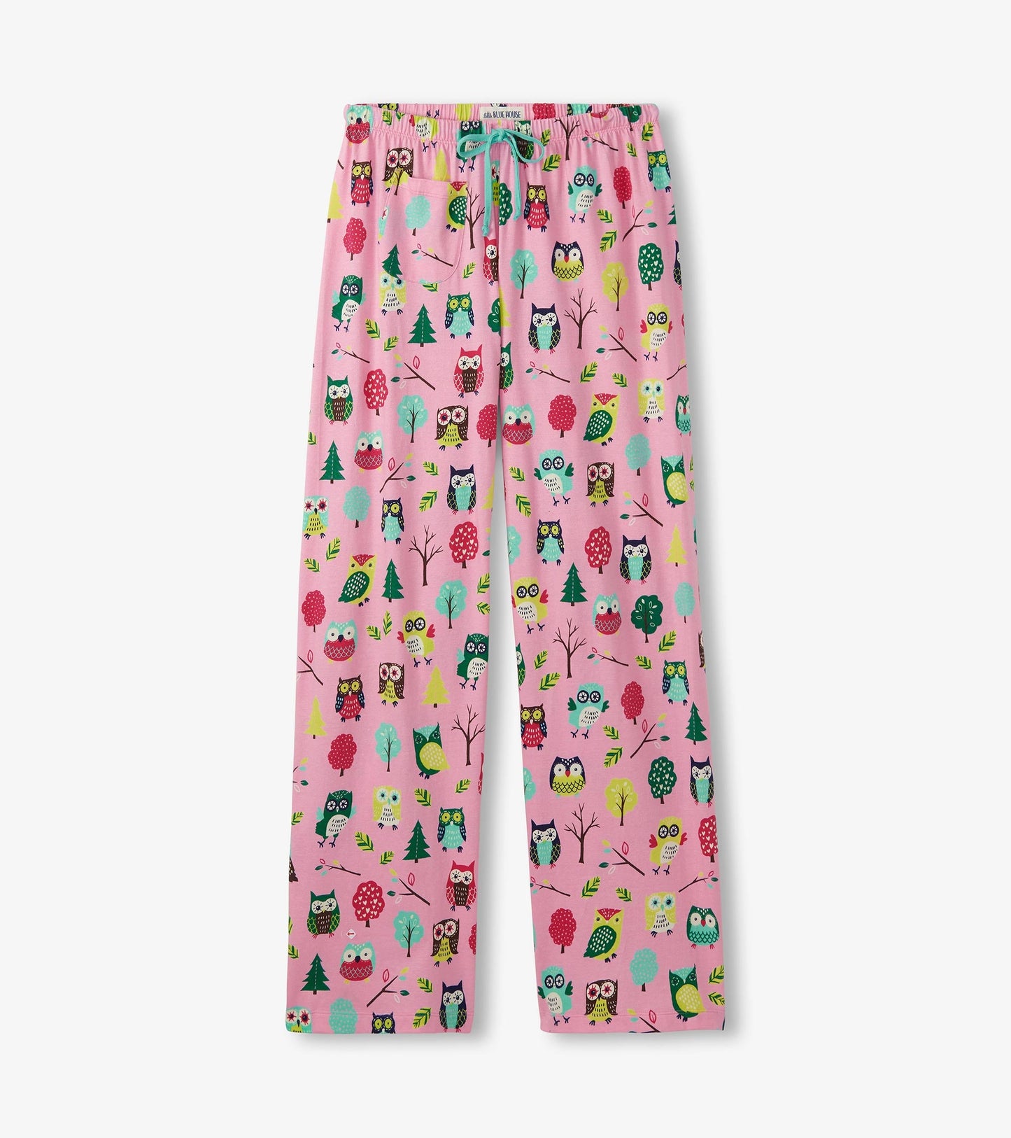 Pink cotton pajama pants featuring a colorful owl and tree pattern, with an elastic waistband and drawstring.