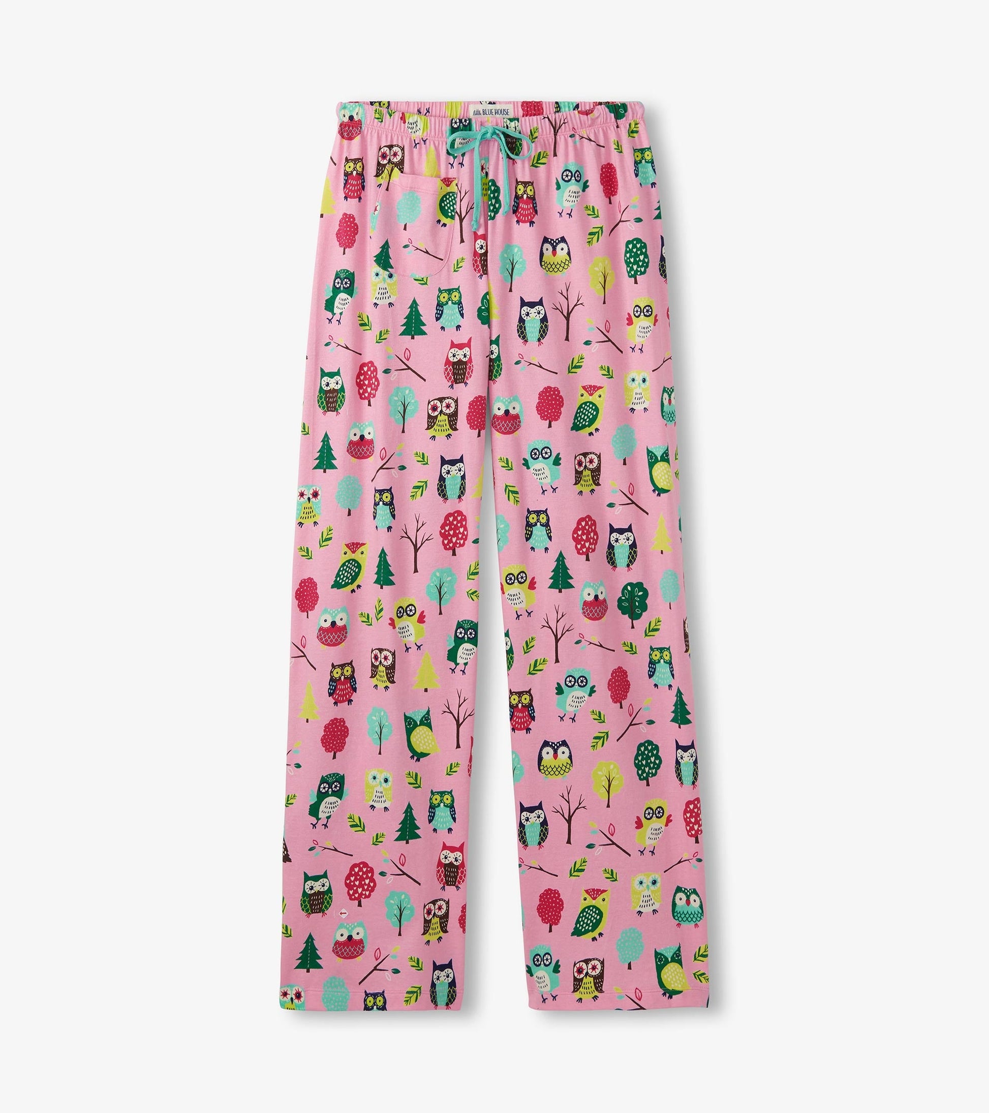 Pink cotton pajama pants featuring a colorful owl and tree pattern, with an elastic waistband and drawstring.