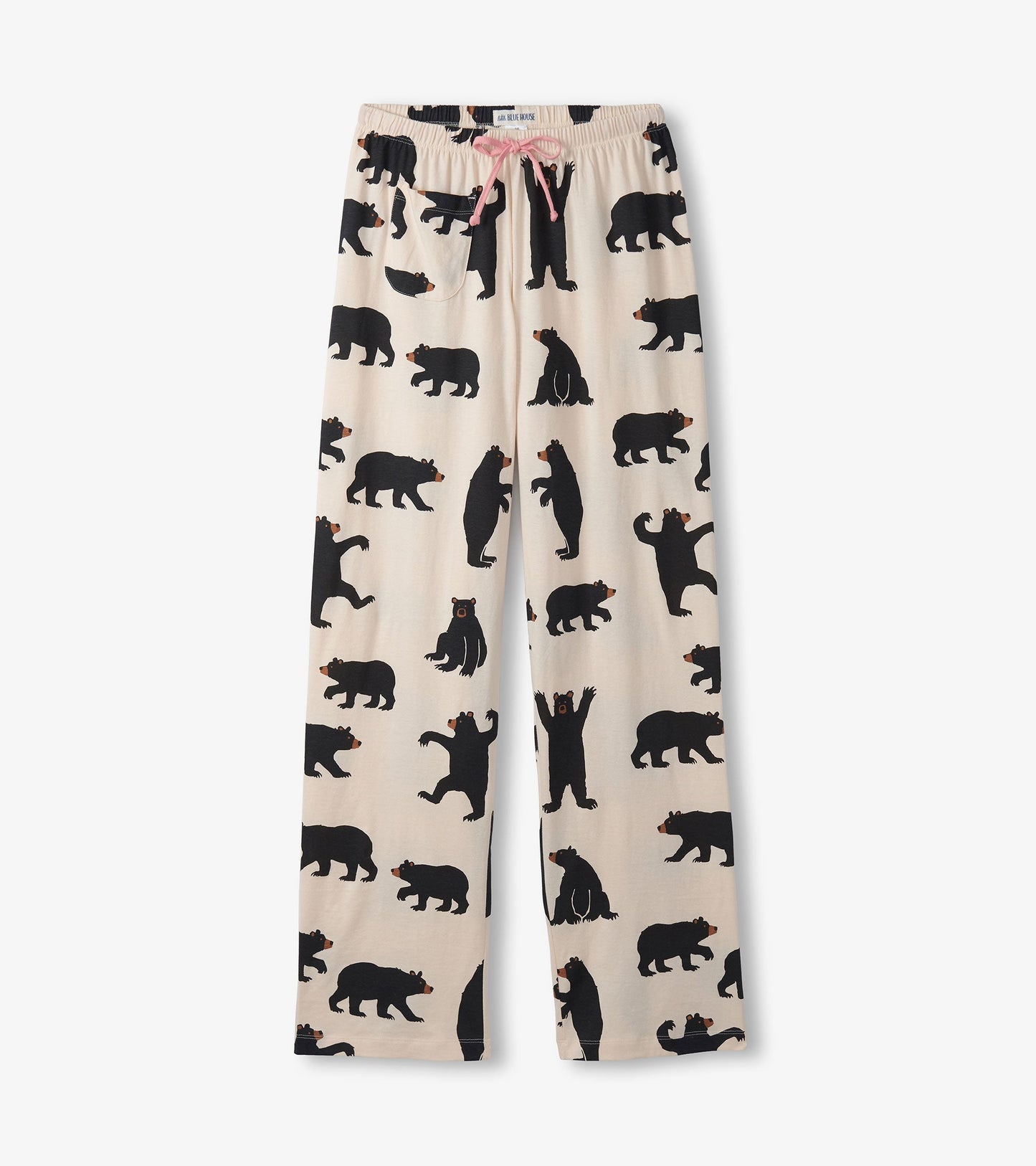 Natural cotton pajama pants featuring a playful black bear pattern on a light background, with an elastic waistband and draw…