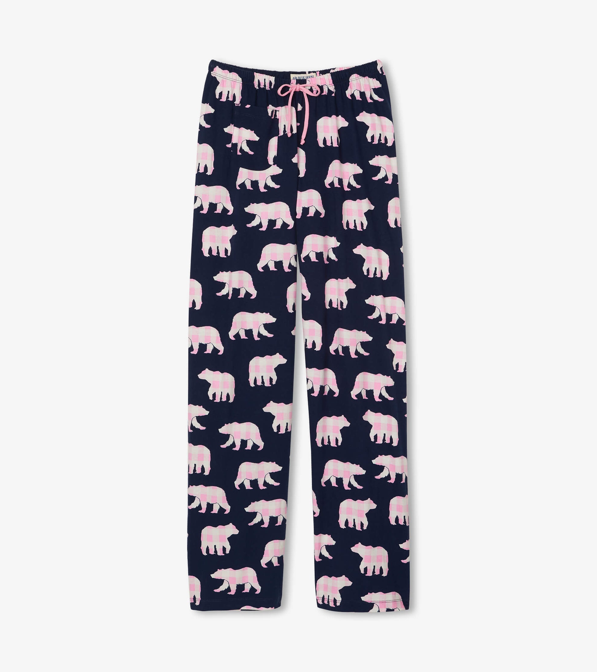 Navy cotton pajama pants featuring a playful pink bear pattern and an elastic waistband with a drawstring.
