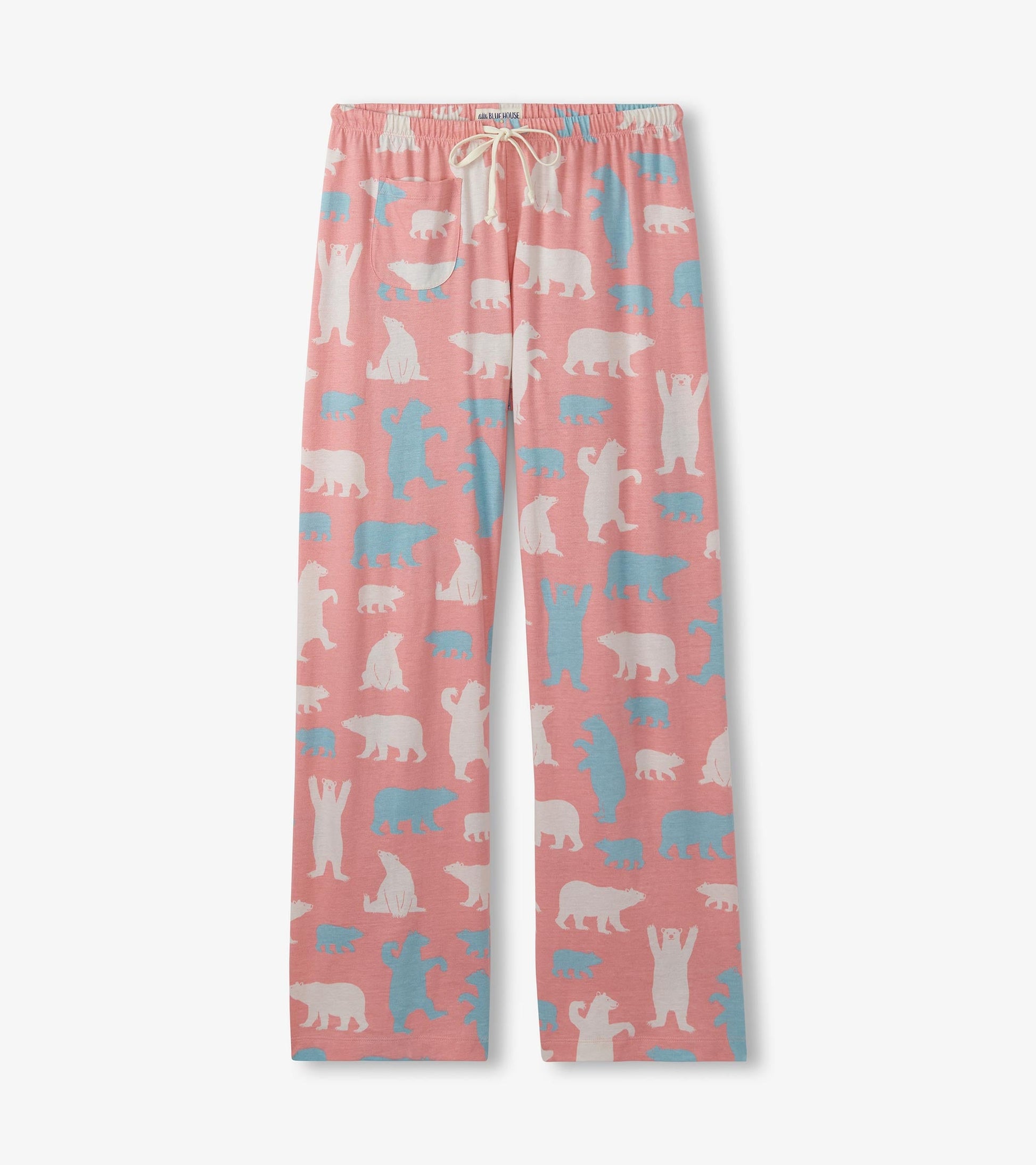 Pink cotton pajama pants featuring a playful polar bear pattern in white and blue, with an elastic waistband and drawstring.