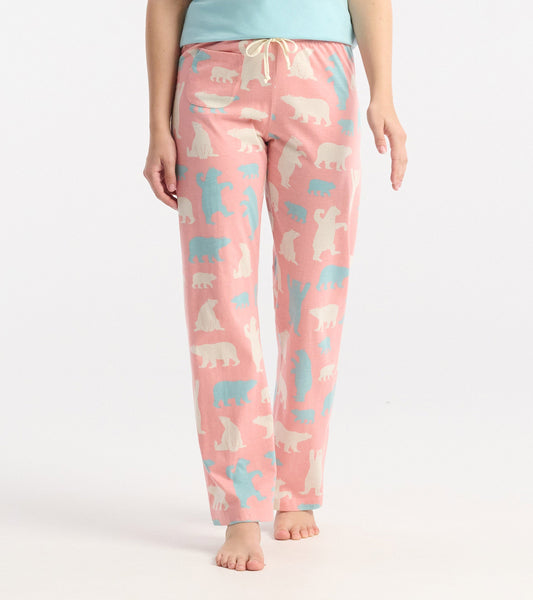 Pink cotton pajama pants featuring a polar bear pattern in white and light blue, with an elastic waistband and drawstring.