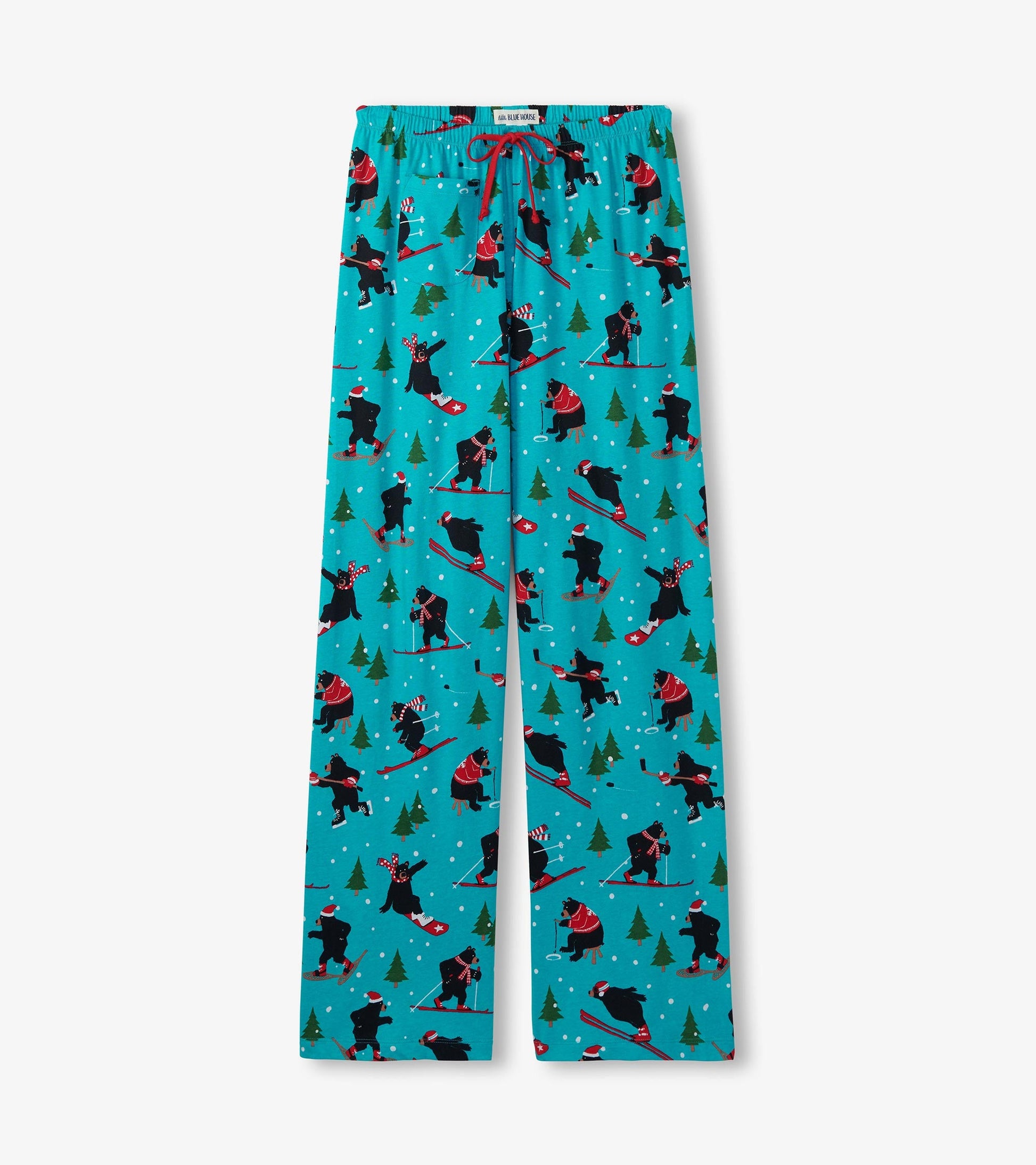 Turquoise cotton pajama pants featuring a playful winter sports pattern with bears skiing and pine trees.