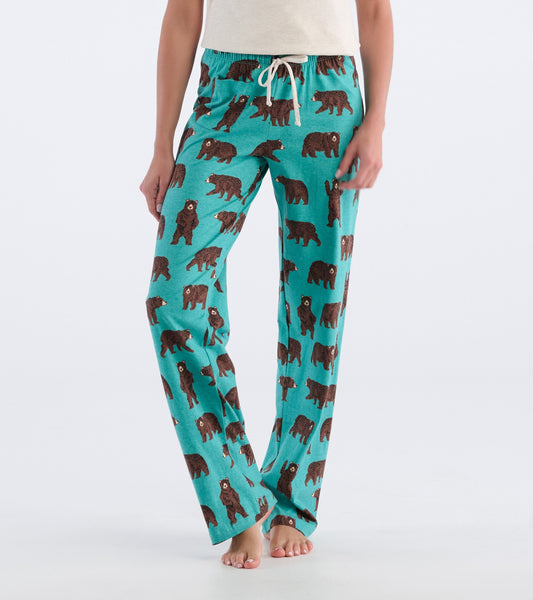 Turquoise cotton pajama pants featuring a playful brown bear pattern, with an elastic waistband and drawstring.
