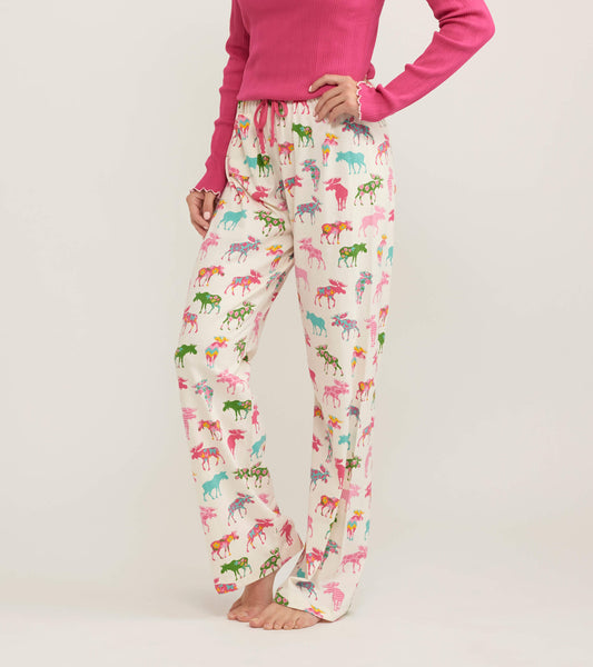 Women's pajama pants featuring a colorful moose pattern on a cream background, with an elastic waistband and relaxed fit.
