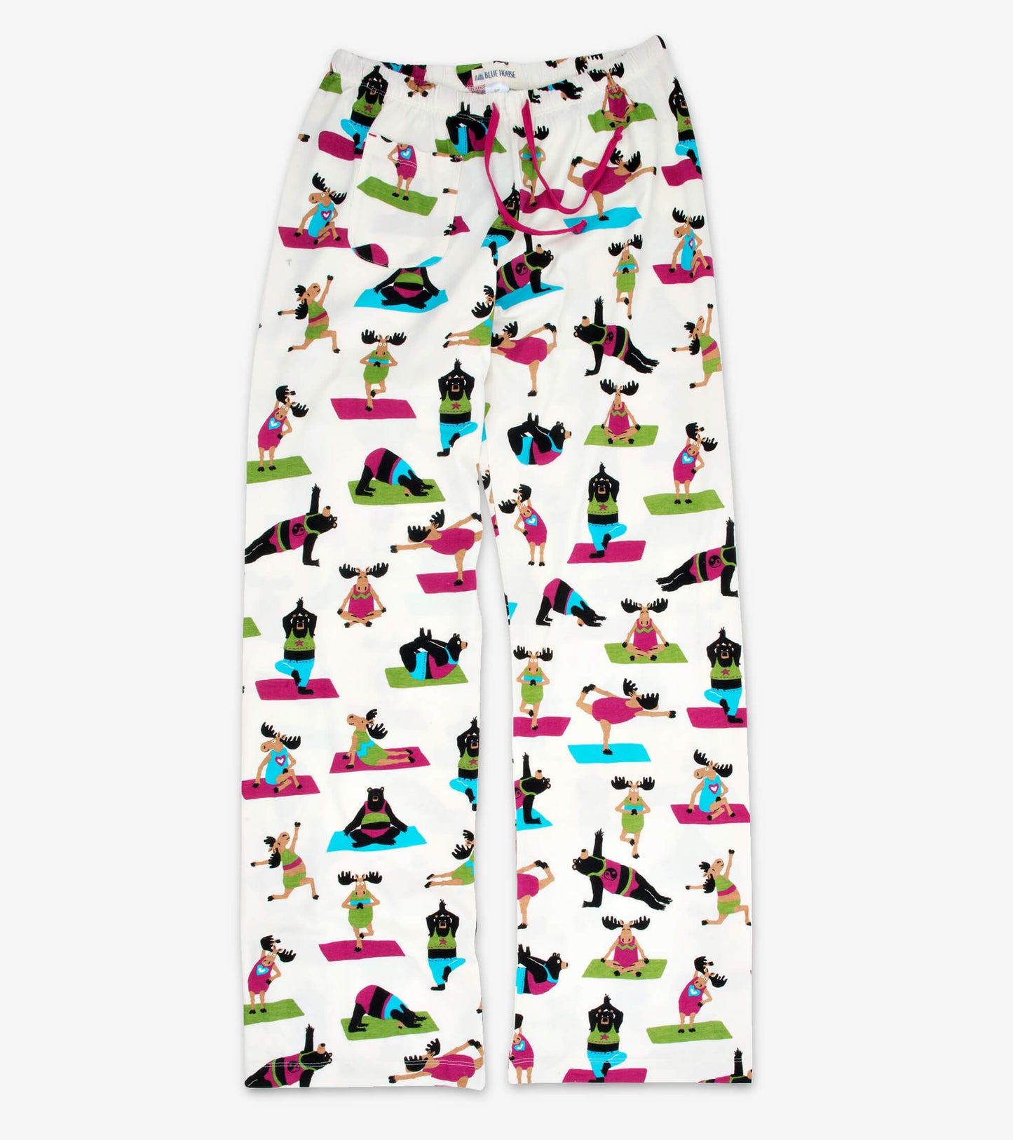 White cotton pajama pants featuring a colorful yoga bear pattern, ideal for lounging or practicing yoga.